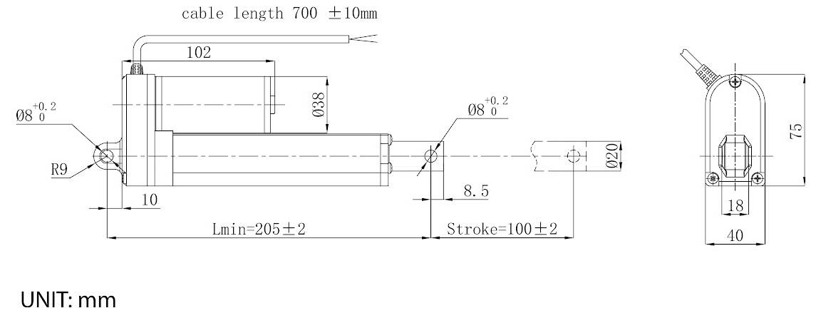 Technische Seitenansicht-Zeichnung eines kleinen Linearaktuators mit Abmessungen in Millimetern, einschließlich Kabellänge 700±10 mm, Hub 100±2 mm und Gesamtlänge Lmin 205±2 mm.