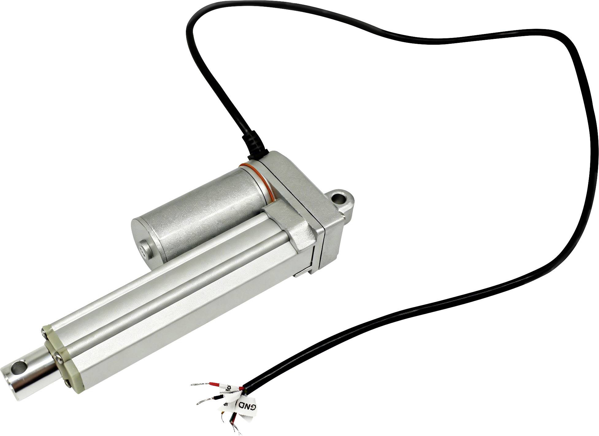 Elektrischer Linearaktuator mit angebrachtem Kabel und Stecker auf weißem Hintergrund.