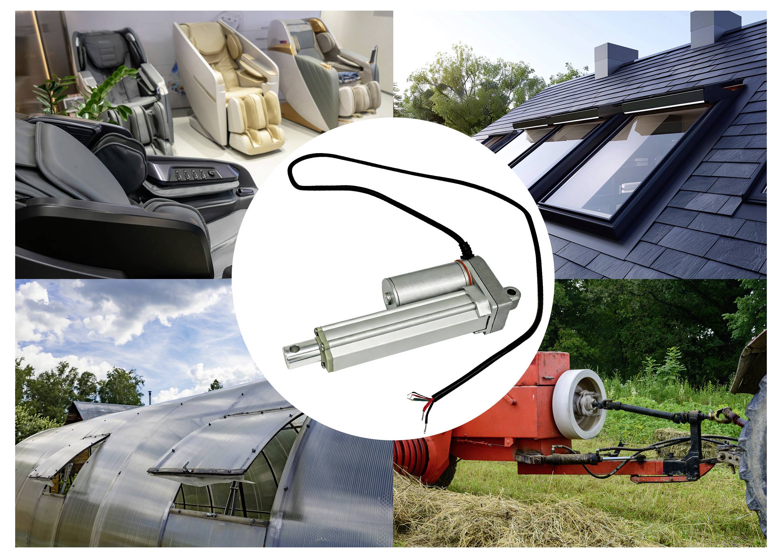 Elektrischer Linearantrieb in der Mitte, umgeben von Fotos von Liegestühlen, Dachfenstern, einem Gewächshaus und landwirtschaftlichen Maschinen, die mögliche Anwendungen zeigen