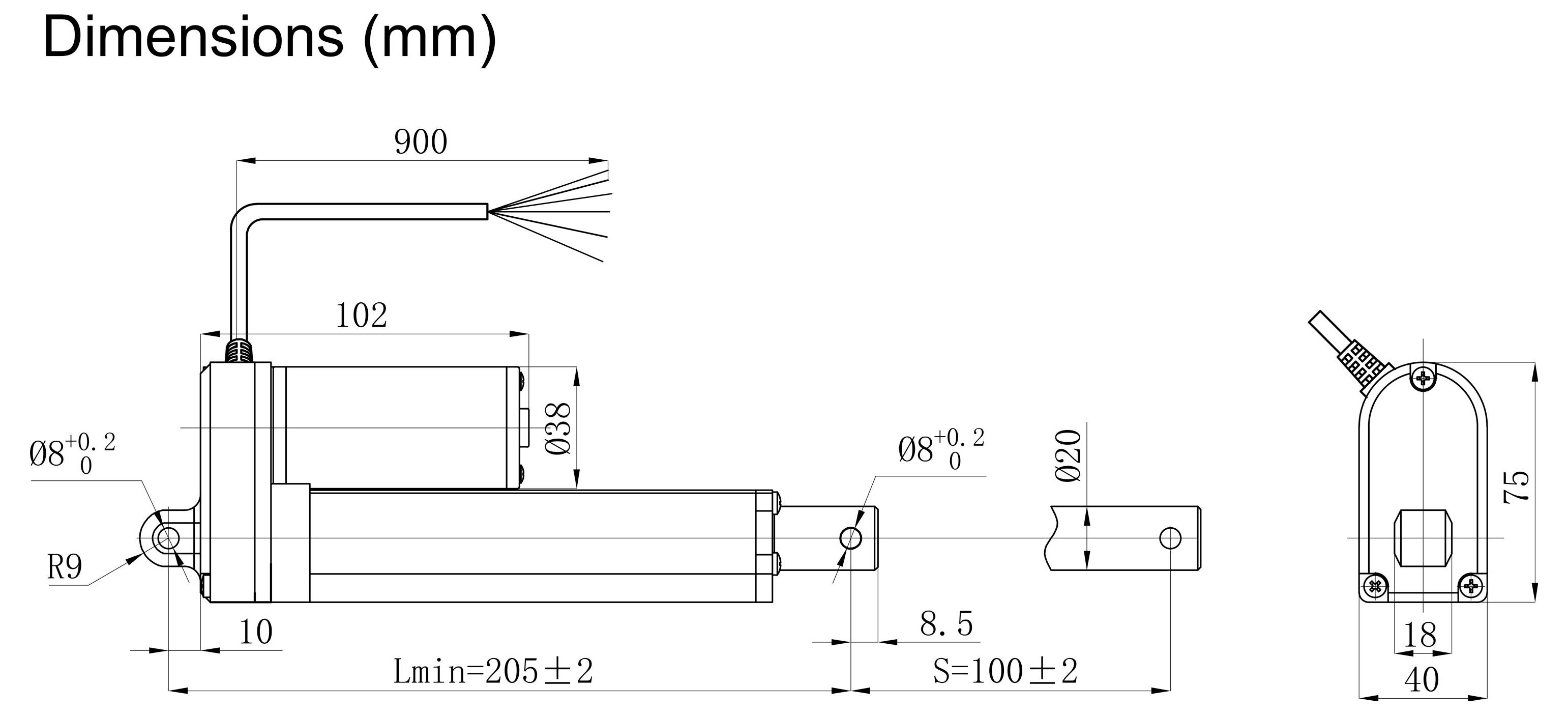 Technische Maßstabzeichnung einer mechanischen Komponente, zeigt Seiten- und Endansichten mit Abmessungen in Millimetern, einschließlich 900, 205±2, 100±2, Ø20 und R9.