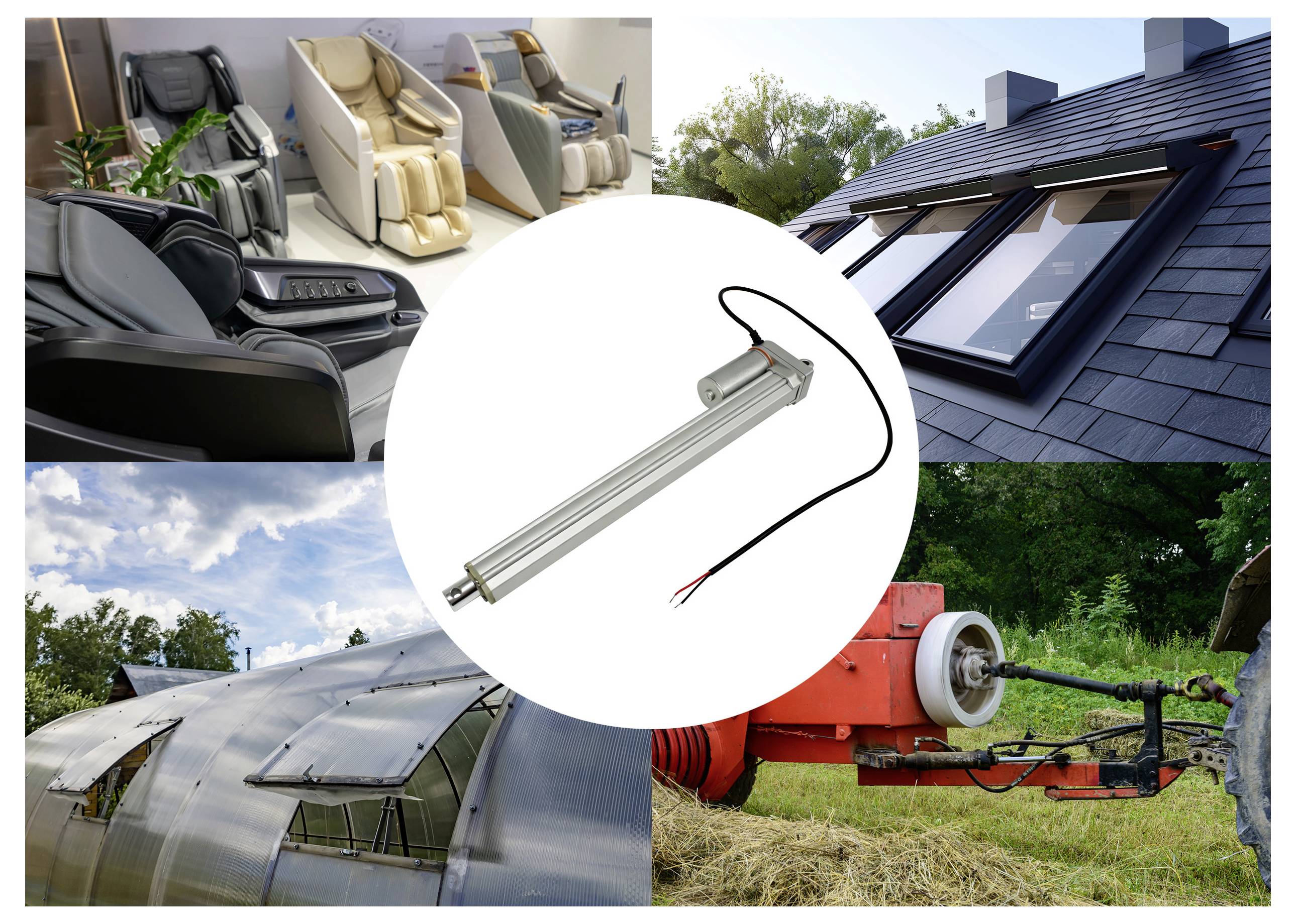 Collage zeigt einen röhrenförmigen elektrischen Aktuator mit Anwendungen in Massagesesseln, Dachfenstern, einem Gewächshauslüfter und landwirtschaftlichen Maschinen.
