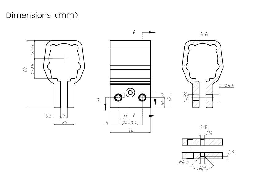 Zeichnung eines technischen Bauteils mit Abmessungen in Millimetern. Front-, Seiten- und Schnittansicht zeigen detaillierte Maße.