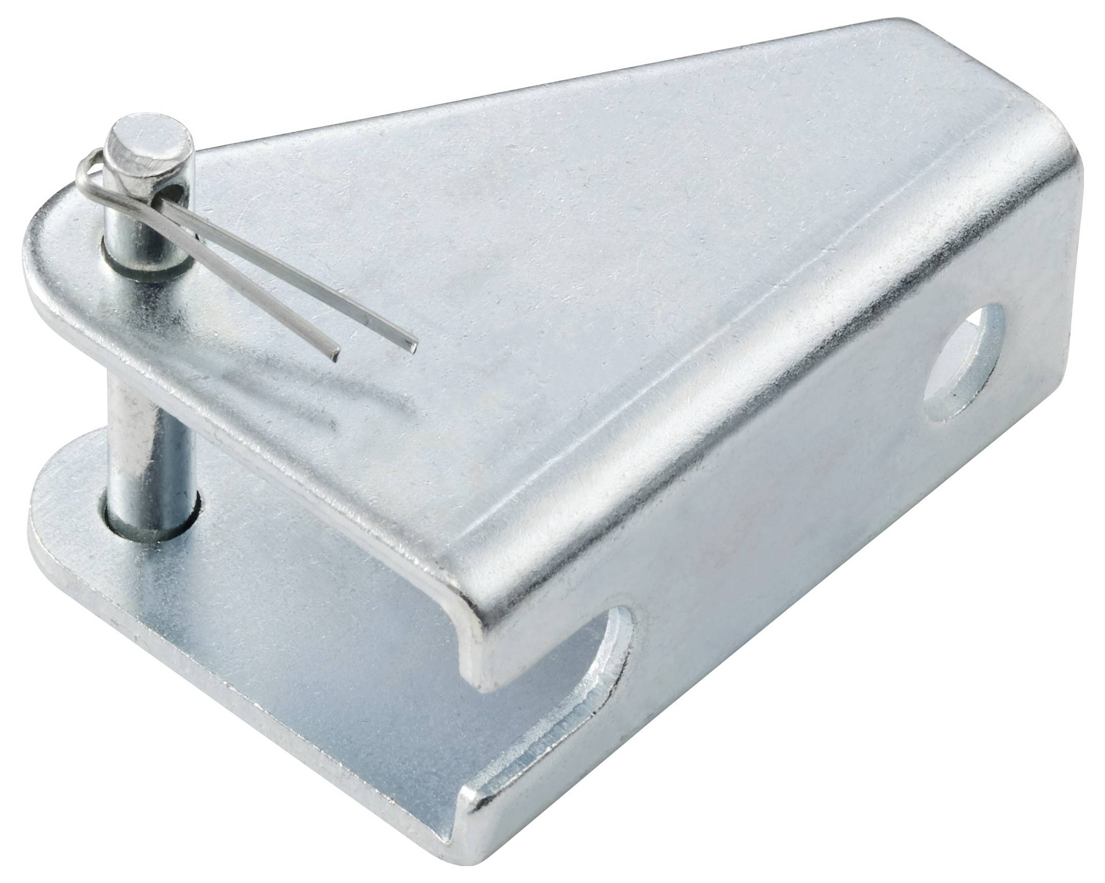 Metallischer Sicherungsanker mit einem Steckstift und Splint, rechteckige Basis mit abgerundeter Ecke, robuste Konstruktion.