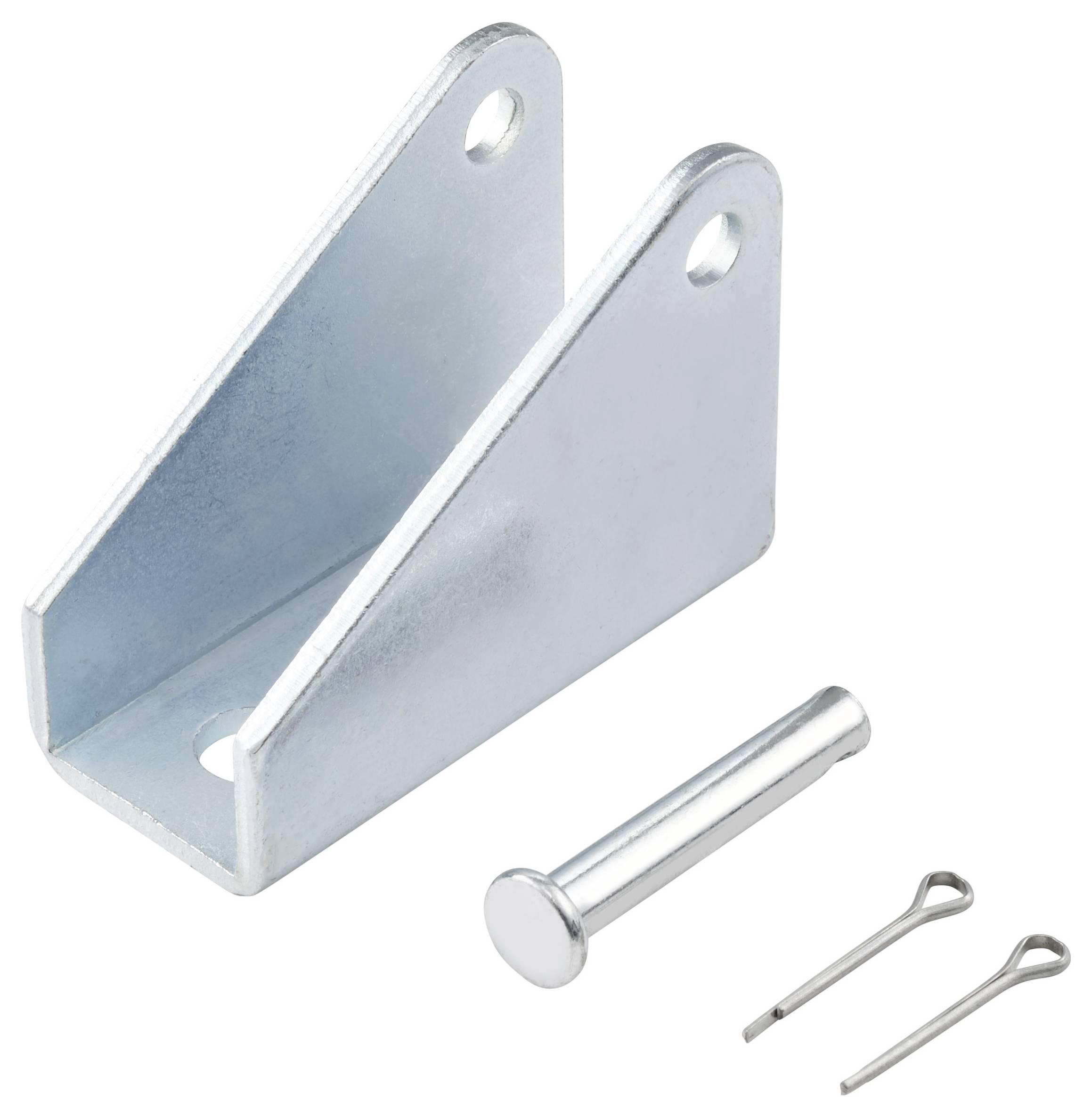 Metallwinkel mit Bolzen und zwei Splints, verwendet für Befestigungszwecke.