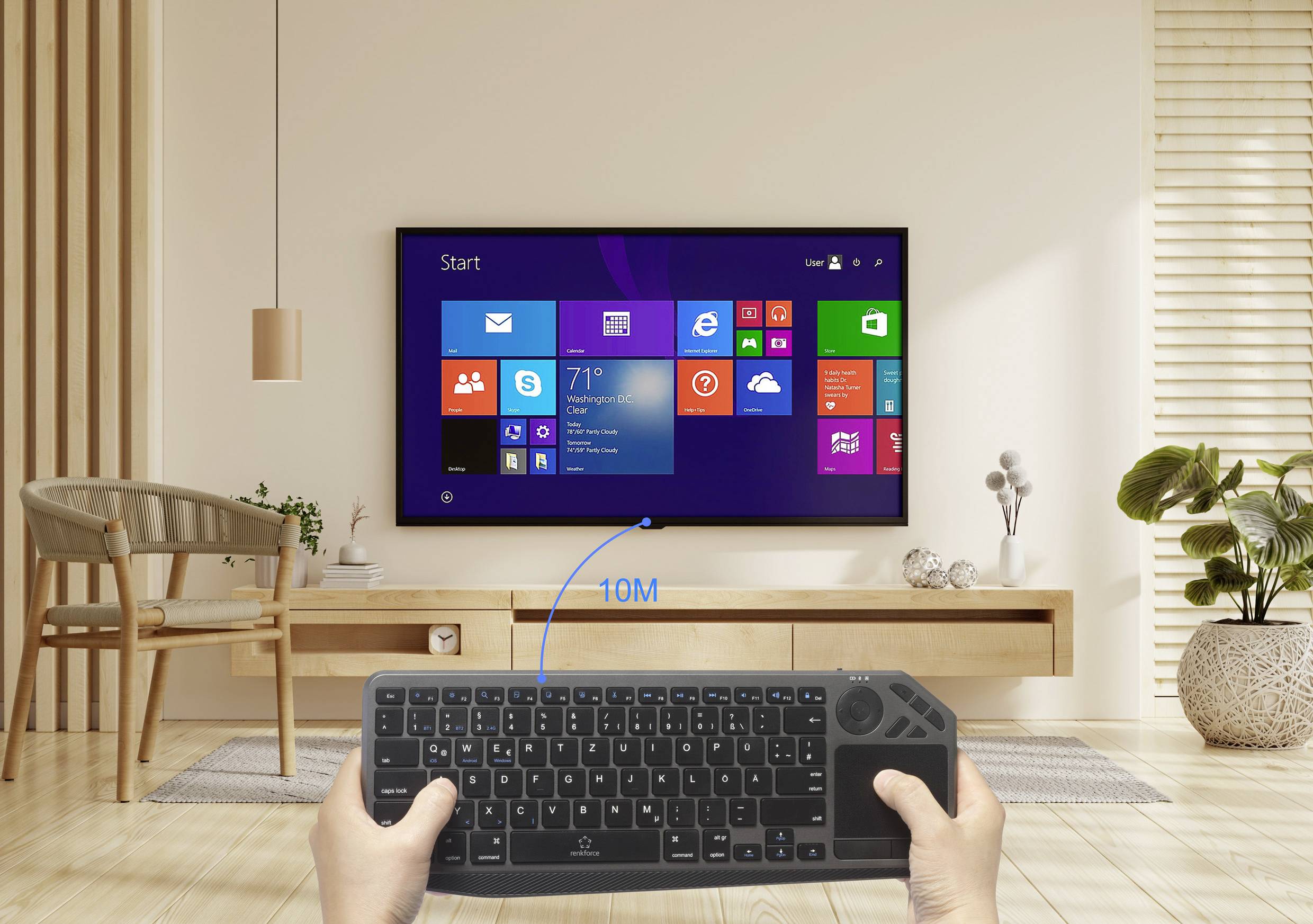 Renkforce RF-WLBTKB-300 Bluetooth®, Funk Tastatur Deutsch, QWERTZ Schwarz Integriertes Touchpad, Wiederaufladbar