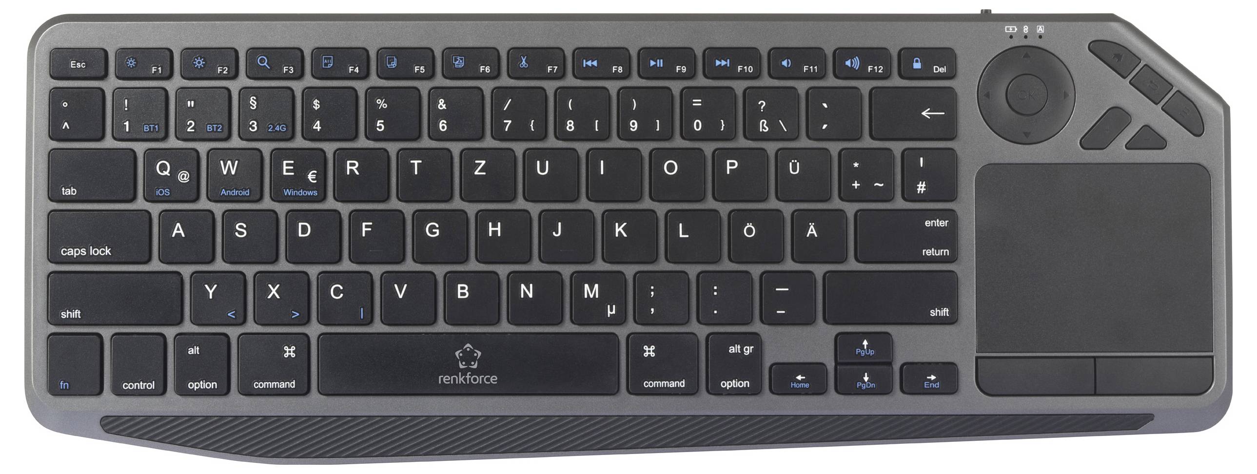 Renkforce RF-WLBTKB-300 Bluetooth®, Funk Tastatur Deutsch, QWERTZ Schwarz Integriertes Touchpad, Wiederaufladbar