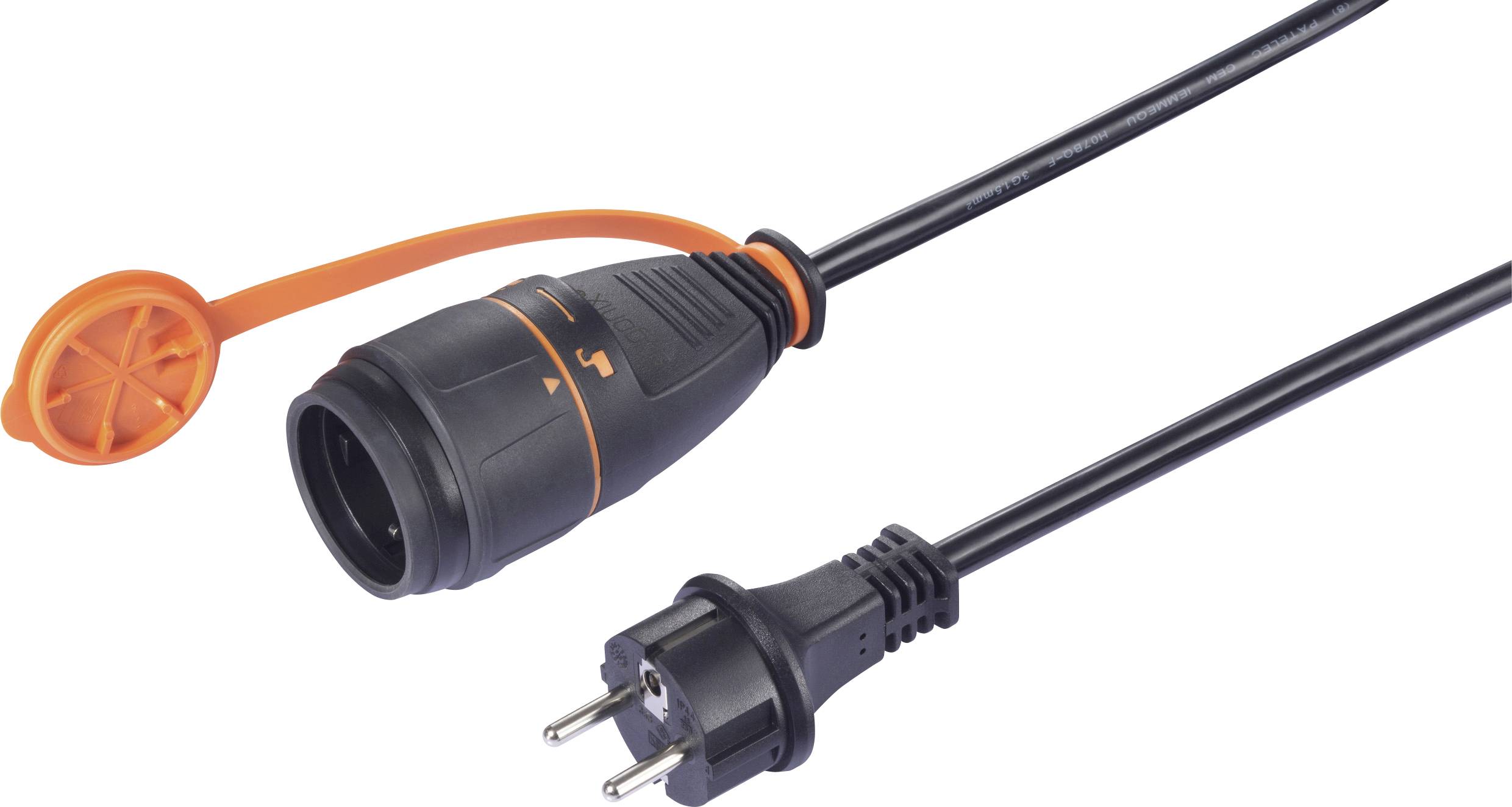 Ein schwarzes Verlängerungskabel mit einer orangen Schutzkappe an der Kupplung und einem Schuko-Stecker.