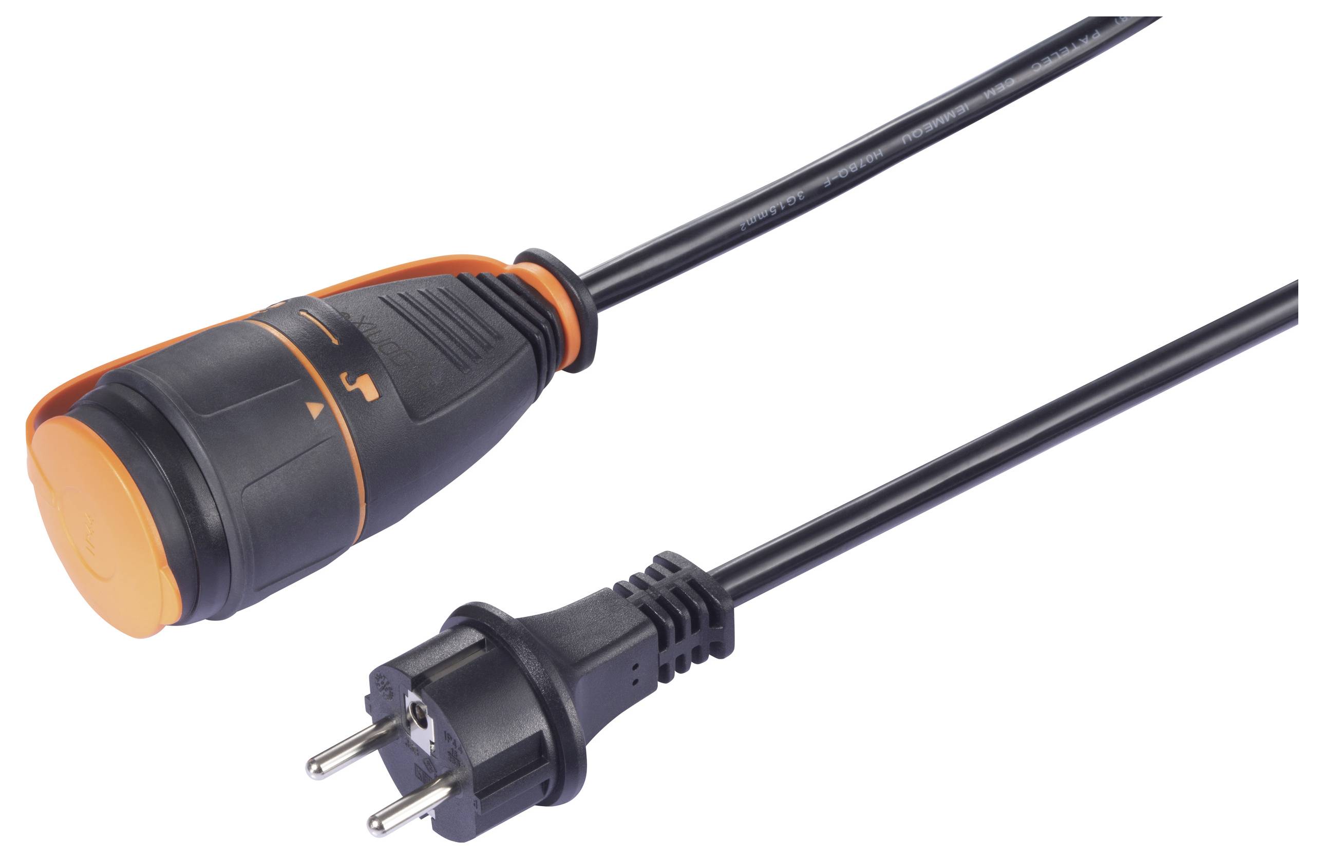 Ein schwarzes Stromkabel mit einem männlichen und einem weiblichen Stecker. Der männliche Stecker ist schwarz, der weibliche Teil orange.