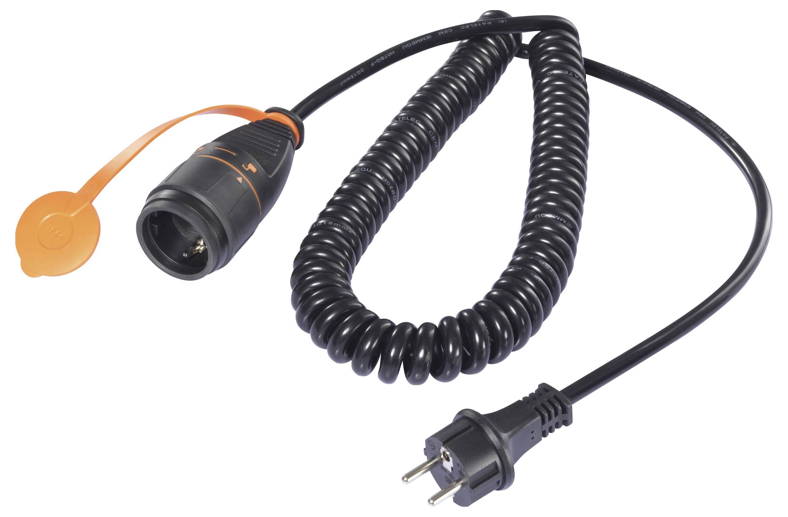 Ein schwarzes Spiralkabel mit einem orange-schwarzen Stecker und einem schwarzen Schuko-Stecker, geeignet für vielseitige Elektrogeräte.