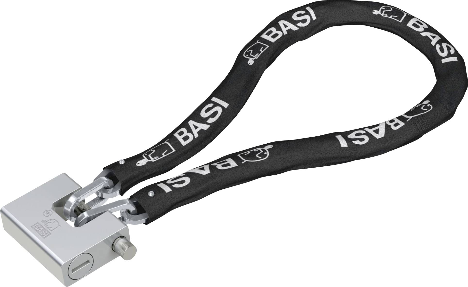 Ein Vorhängeschloss mit einer schwarzen Kette, auf der 'BASI' steht. Das Schloss ist silbern und wirkt robust.