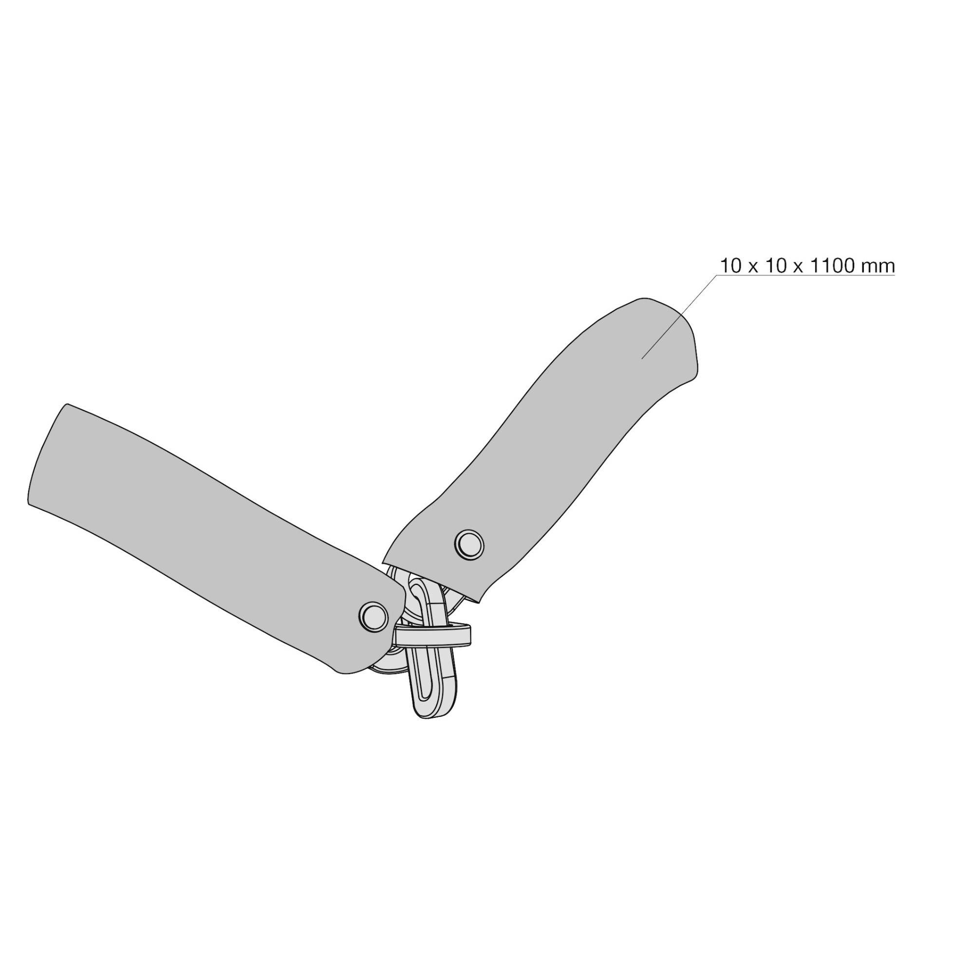 Gelenkiger Arm mit zwei Segmenten und einer Verbindung in der Mitte. Text zeigt Maße: '10 x 10 x 1100 mm'.
