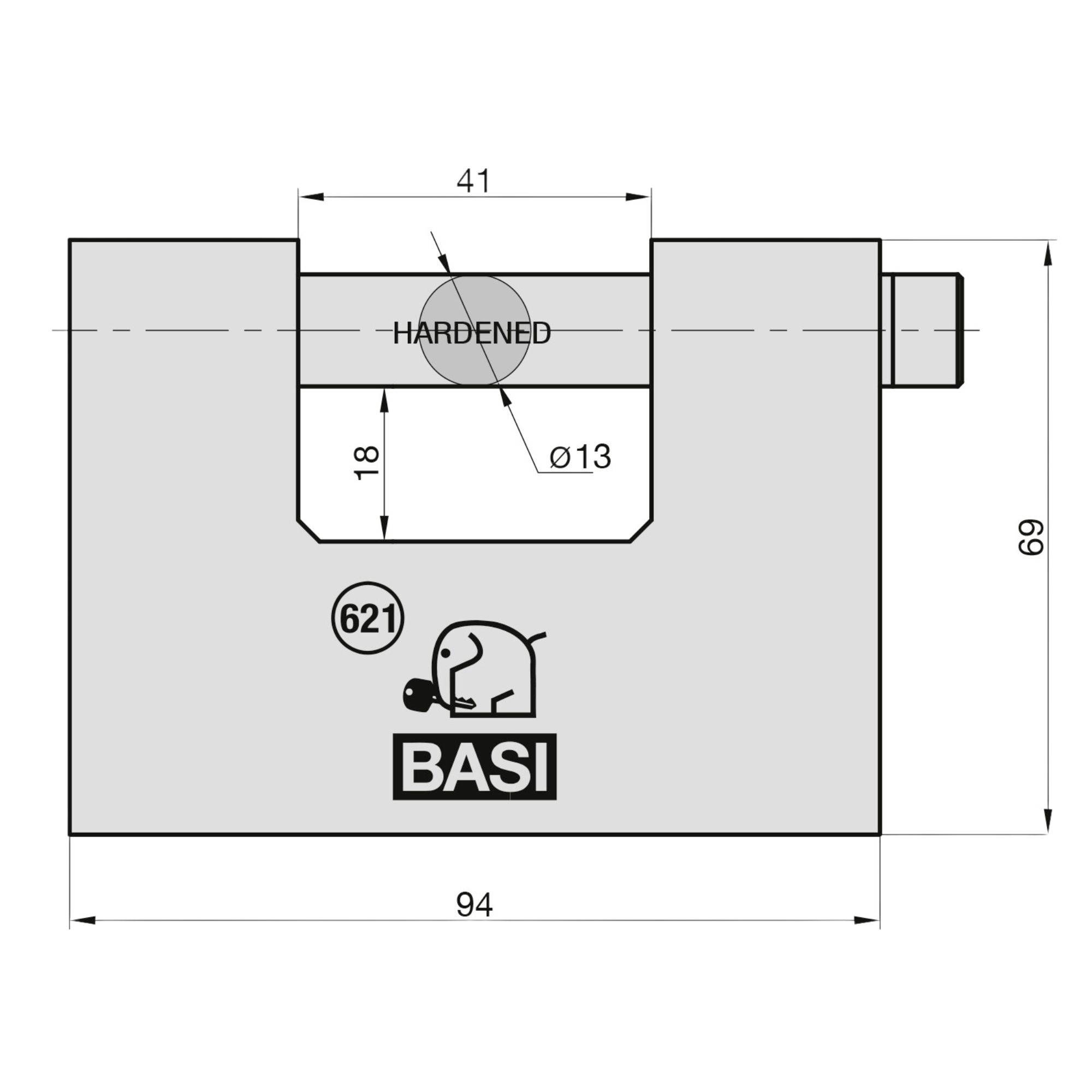Technische Zeichnung eines BASI Vorhangschlosses mit Maßen: 94 mm Breite, 69 mm Höhe. Enthält Markierung 'HARDENED' und Logo.