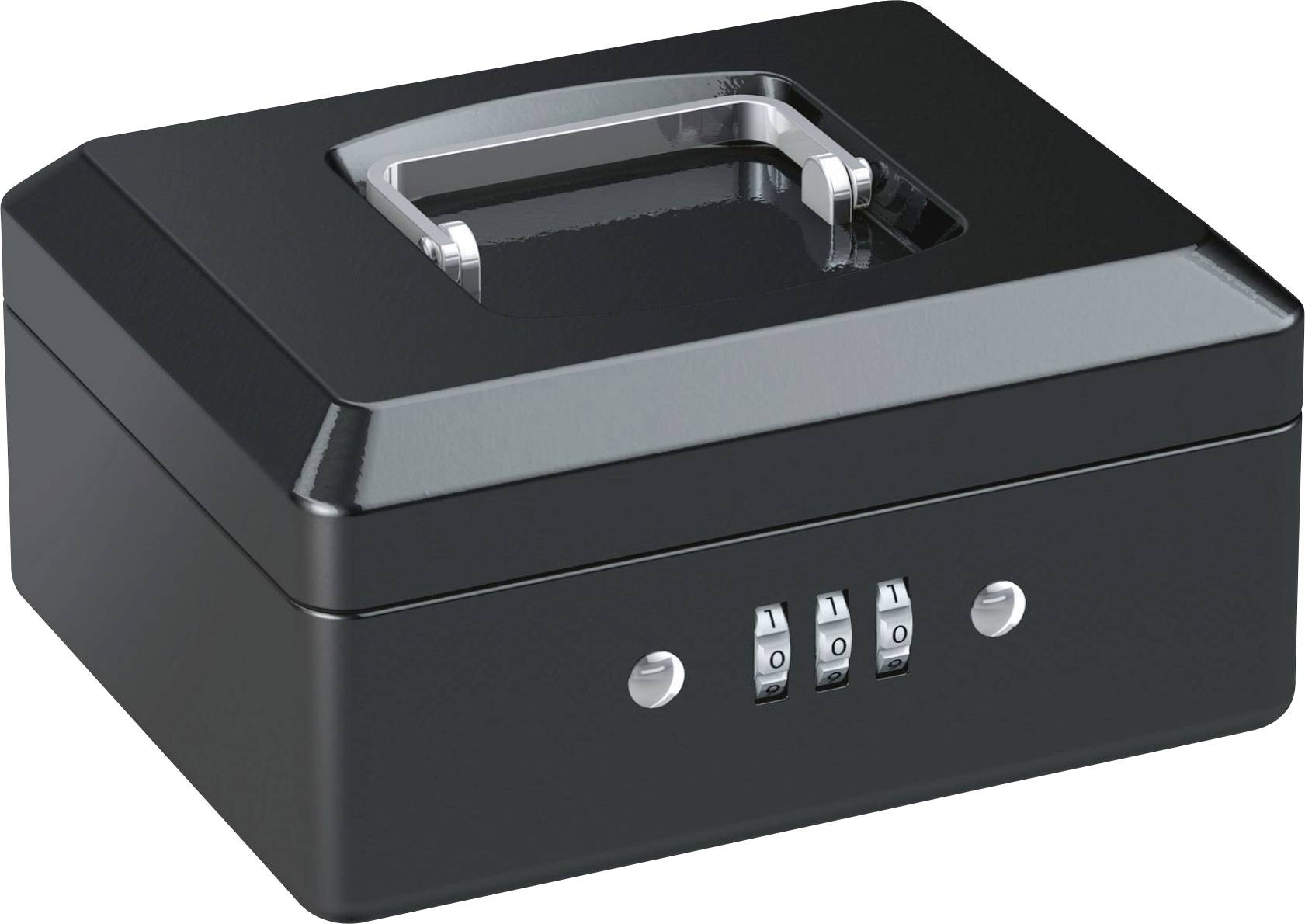 Eine schwarze Geldkassette mit Zahlenschloss und Handgriff auf dem Deckel.