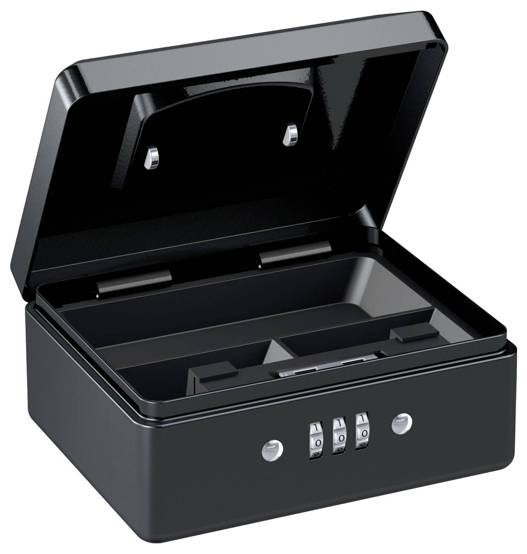 Eine geöffnete schwarze Metallkassette mit Zahlenschloss, unterteilt in mehrere Fächer für die sichere Aufbewahrung von Wertsachen.