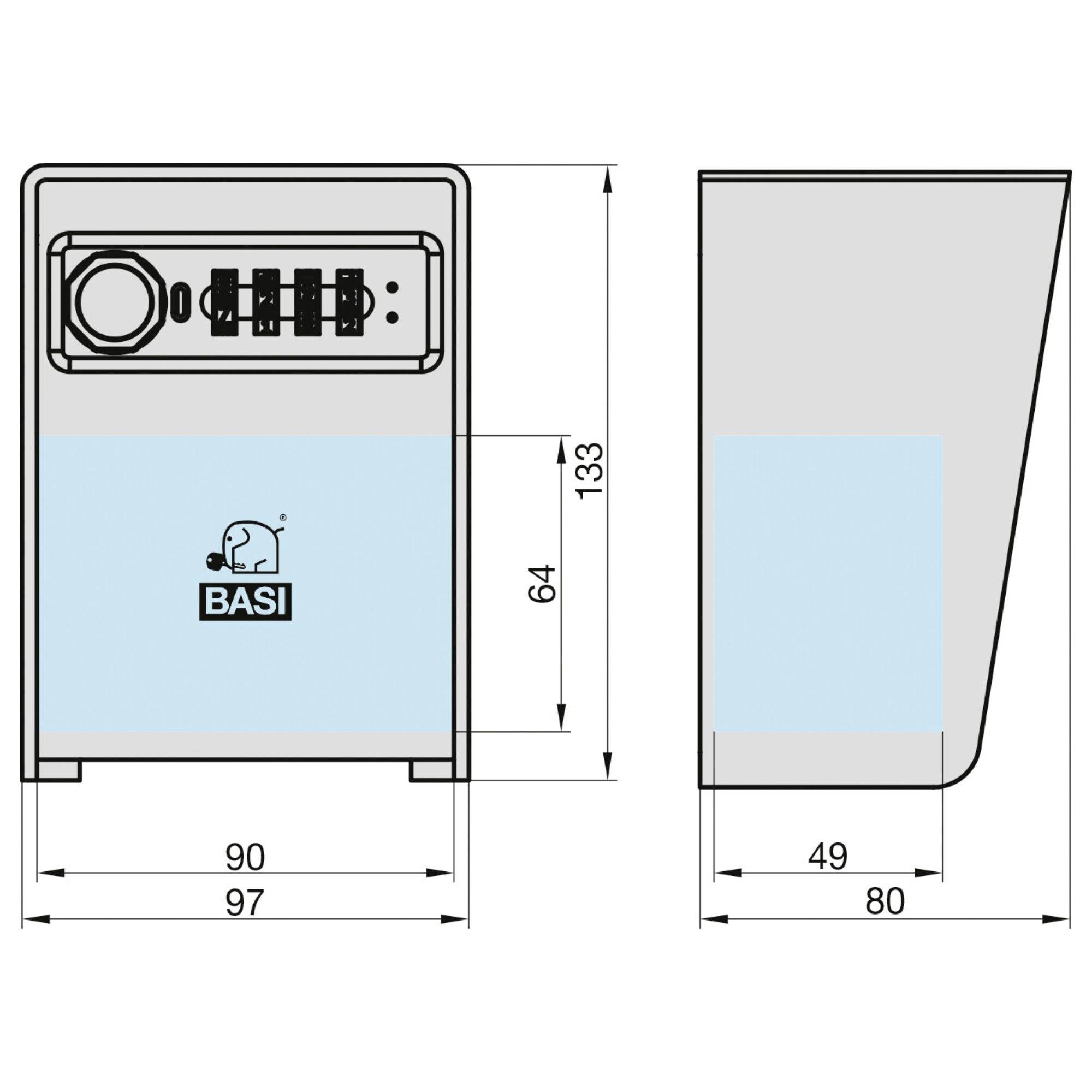 Abbildung eines BASI-Sicherheitsschlosses mit seitlicher und vorderer Ansicht. Die Maße sind: 133 mm hoch, 97 mm breit, 80 mm tief.
