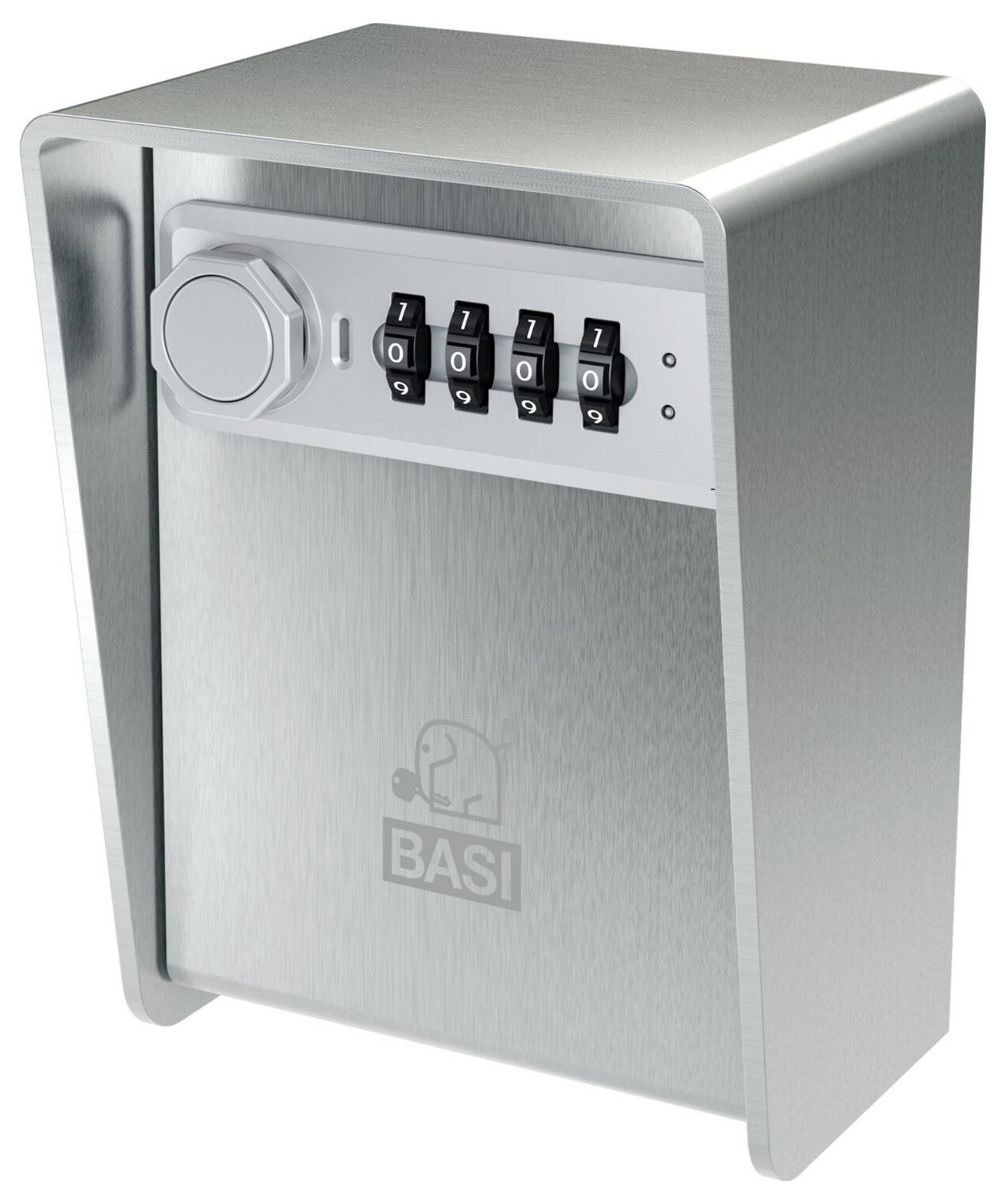 Metallener Schlüsselsafe mit Zahlenschloss und BASI-Logo, geeignet zur sicheren Aufbewahrung von Schlüsseln.