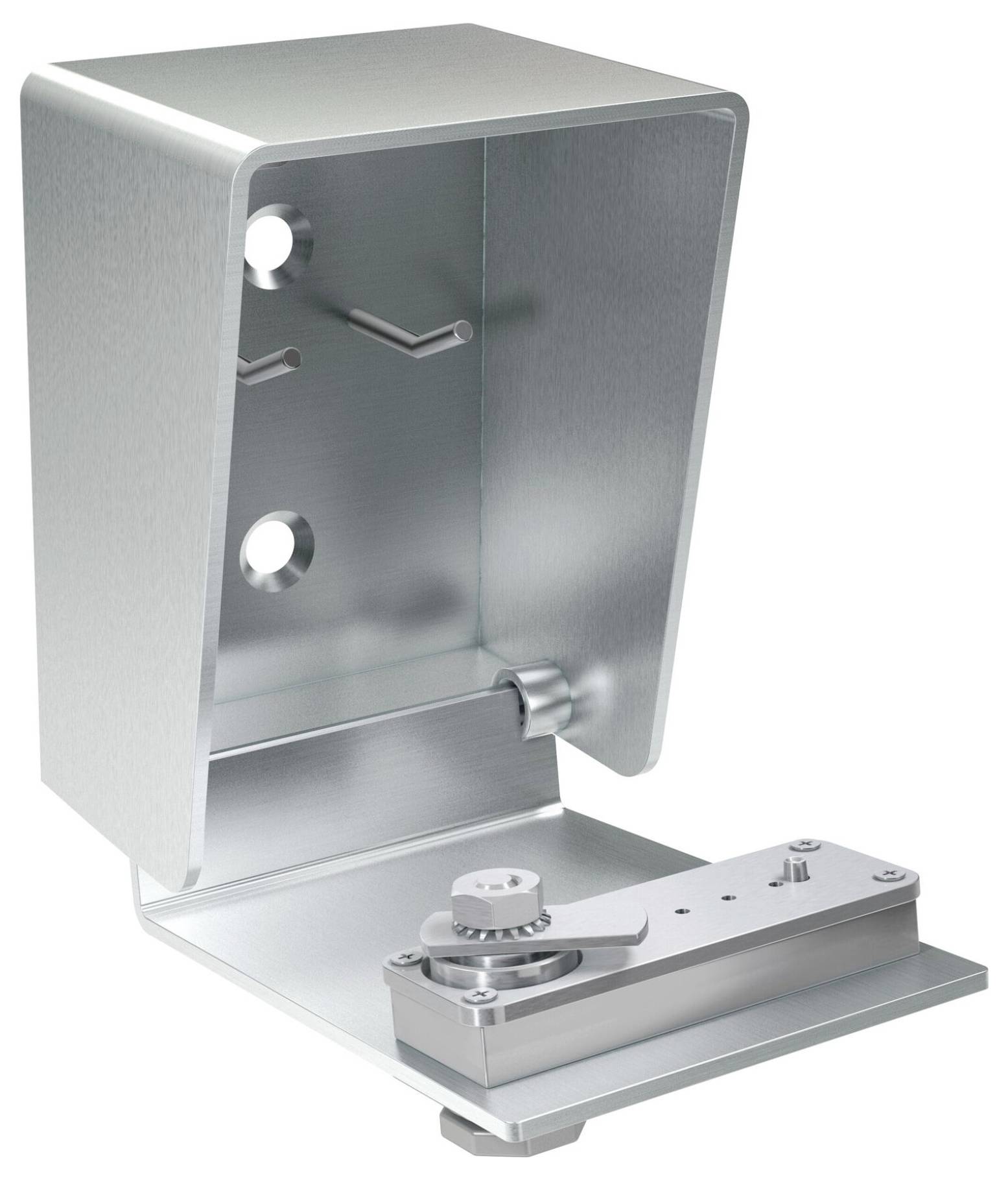 Metallischer Halterungskasten mit offener Vorderseite und eingebautem Mechanismus. Verwendet zur Sicherung oder Unterstützung von Objekten.