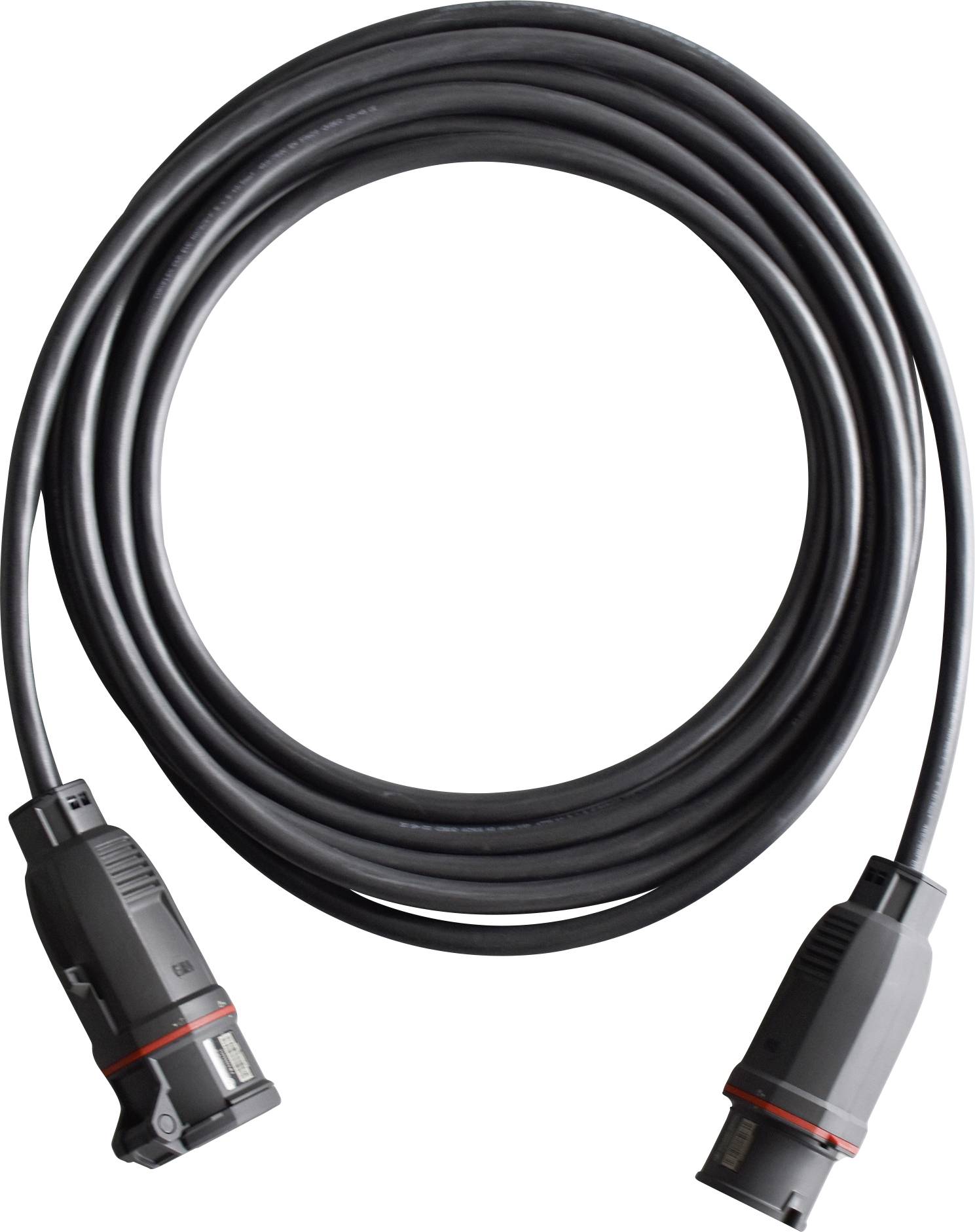 Ein schwarzes, spiralförmig aufgerolltes Kabel mit zwei rechteckigen Steckern, geeignet für professionelle Audio- oder Videogeräte.