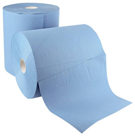Zwei große, blaue Papierrollen; eine stehend, die andere teilweise abgerollt. Ideal für Reinigungs- oder industrielle Anwendungen.