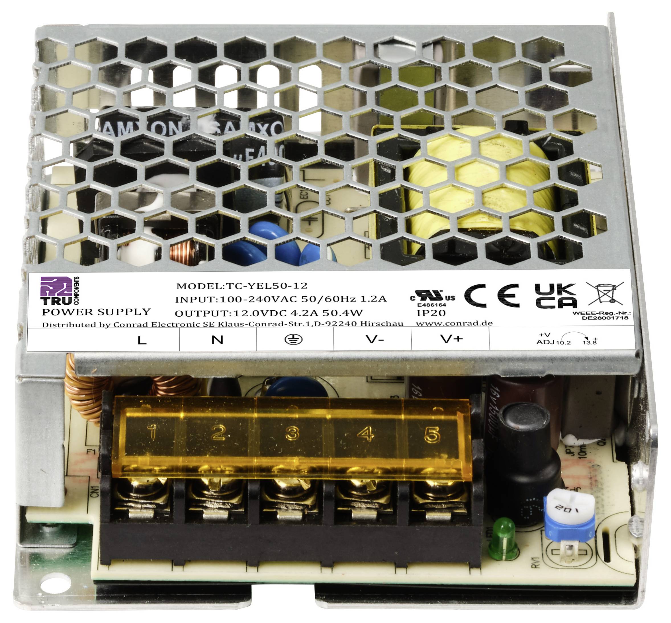 Netzteil mit Metallgitterabdeckung und Etikett mit Spezifikationen: INPUT 100-240VAC, OUTPUT 12VDC 4.2A, IP20.
