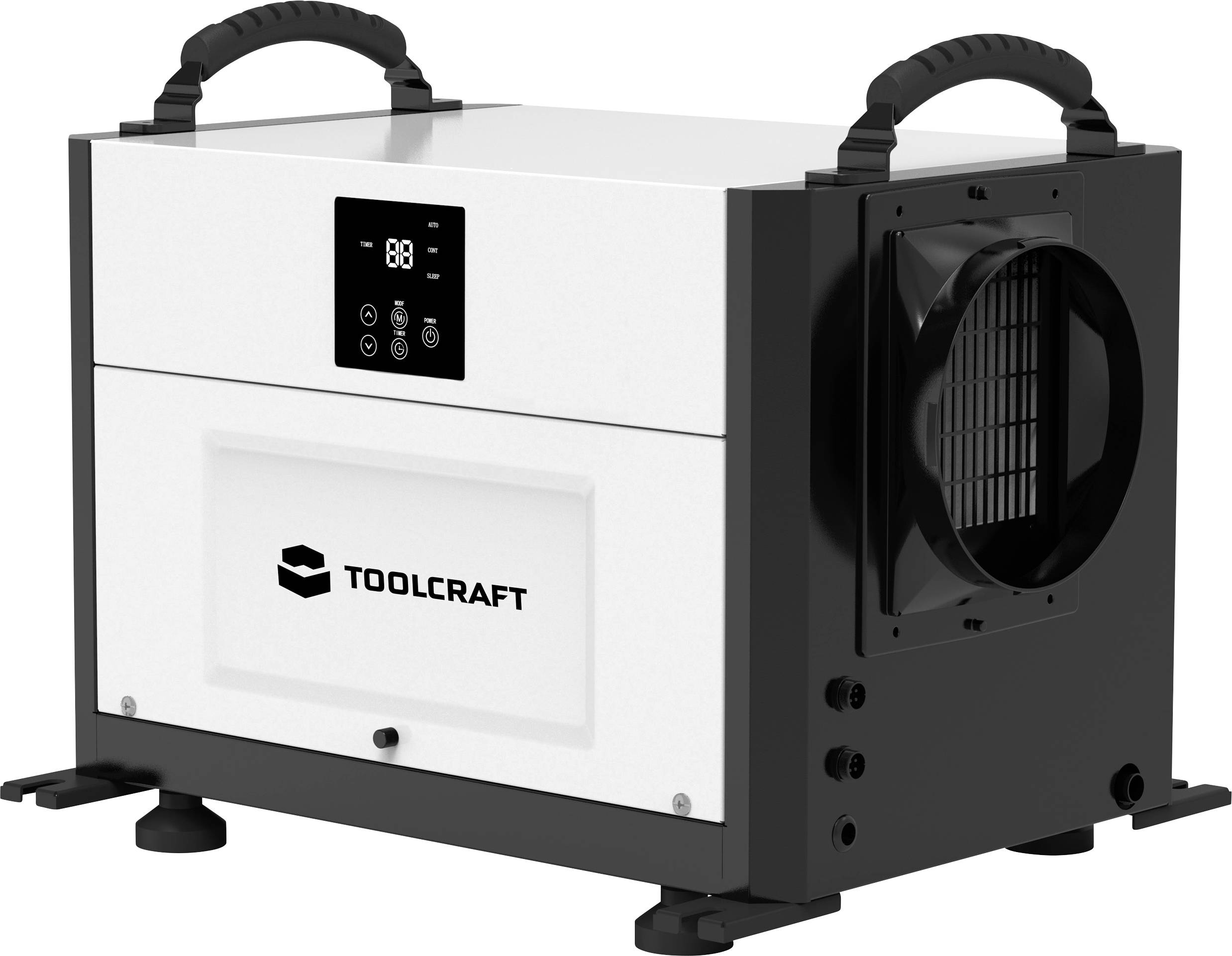 Ein schwarzer und weißer tragbarer Heizlüfter mit Display und Firmennamen. Ventilator an der Seite sichtbar.