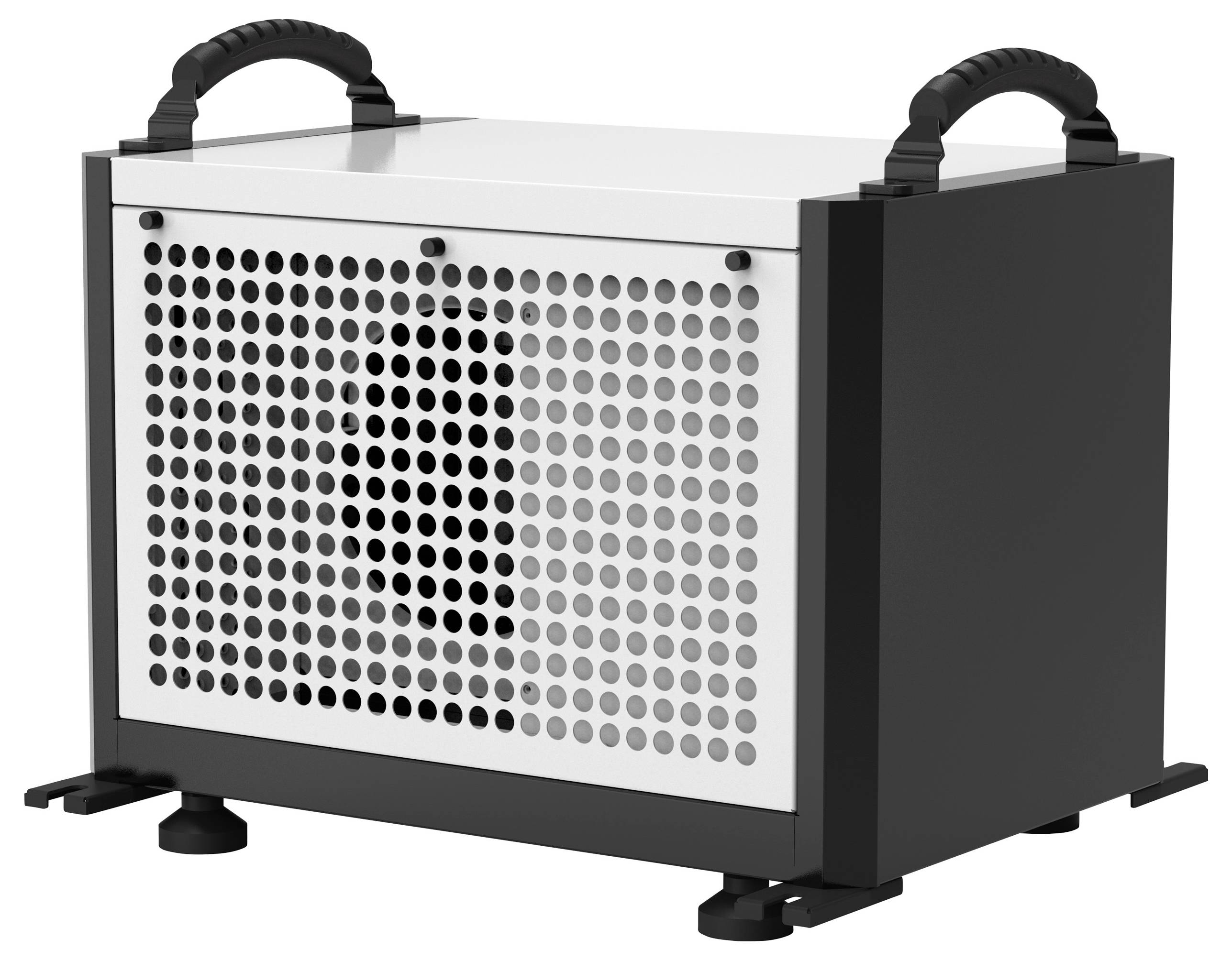 Ein kompakter, schwarzer und weißer Luftentfeuchter mit Tragegriffen und einem gelochten Frontgitter steht auf vier Füßen.