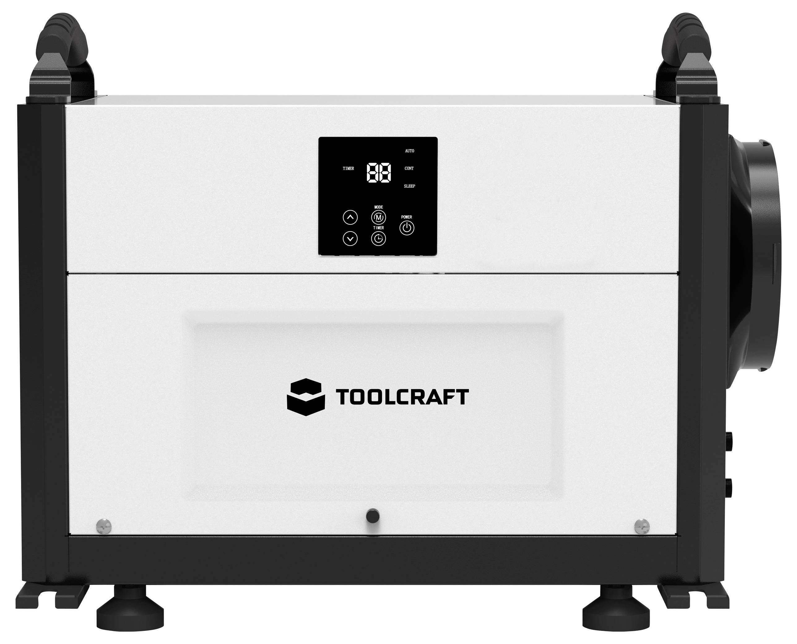 Weißes Rechteck mit Display und Bedienfeld oben, schwarzem Rand und 'TOOLCRAFT'-Logo in der Mitte.