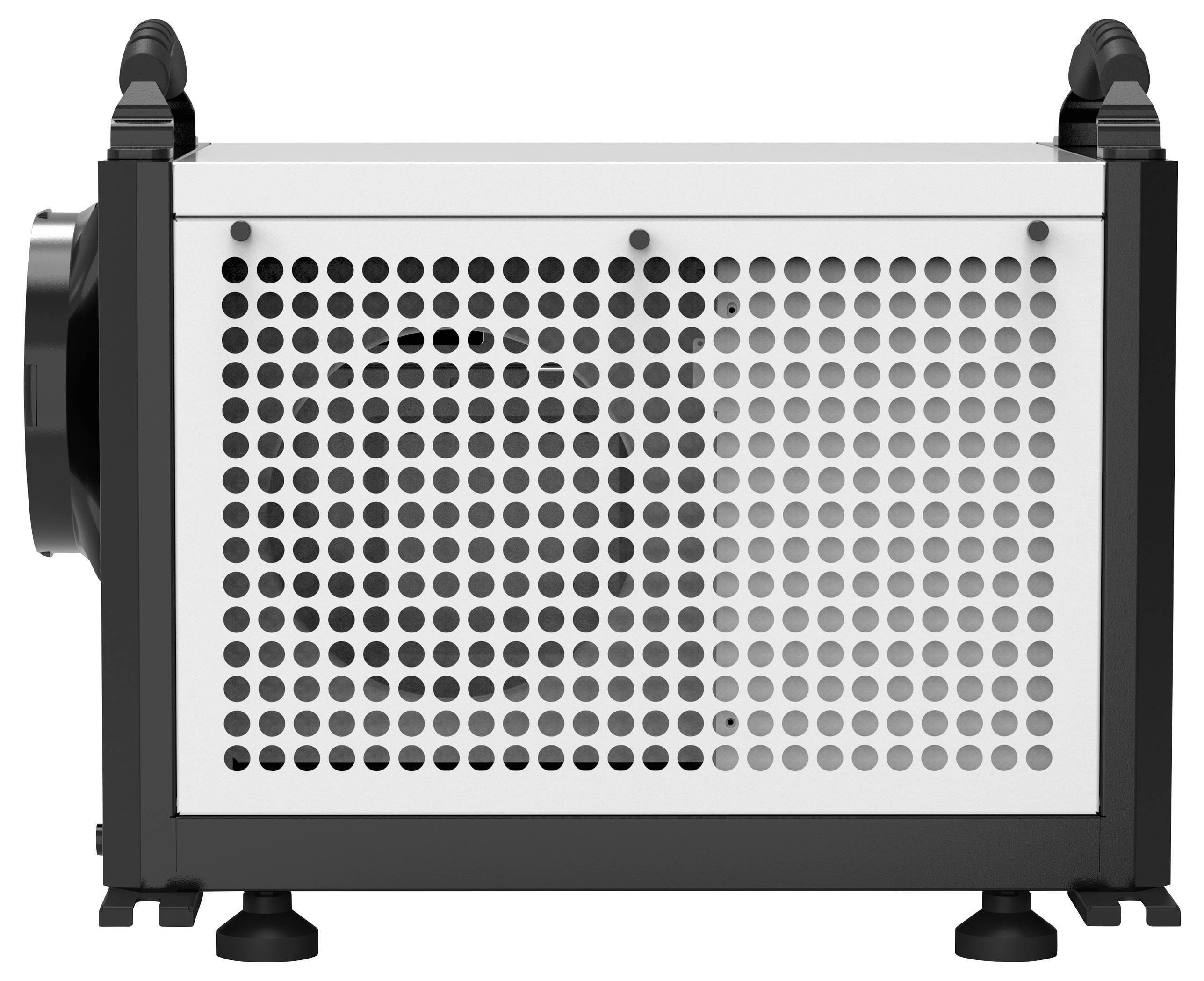Ein rechteckiges elektrisches Gerät mit perforierter Seitenwand und vier Standfüßen, geeignet zur Luftumwälzung oder Kühlung.