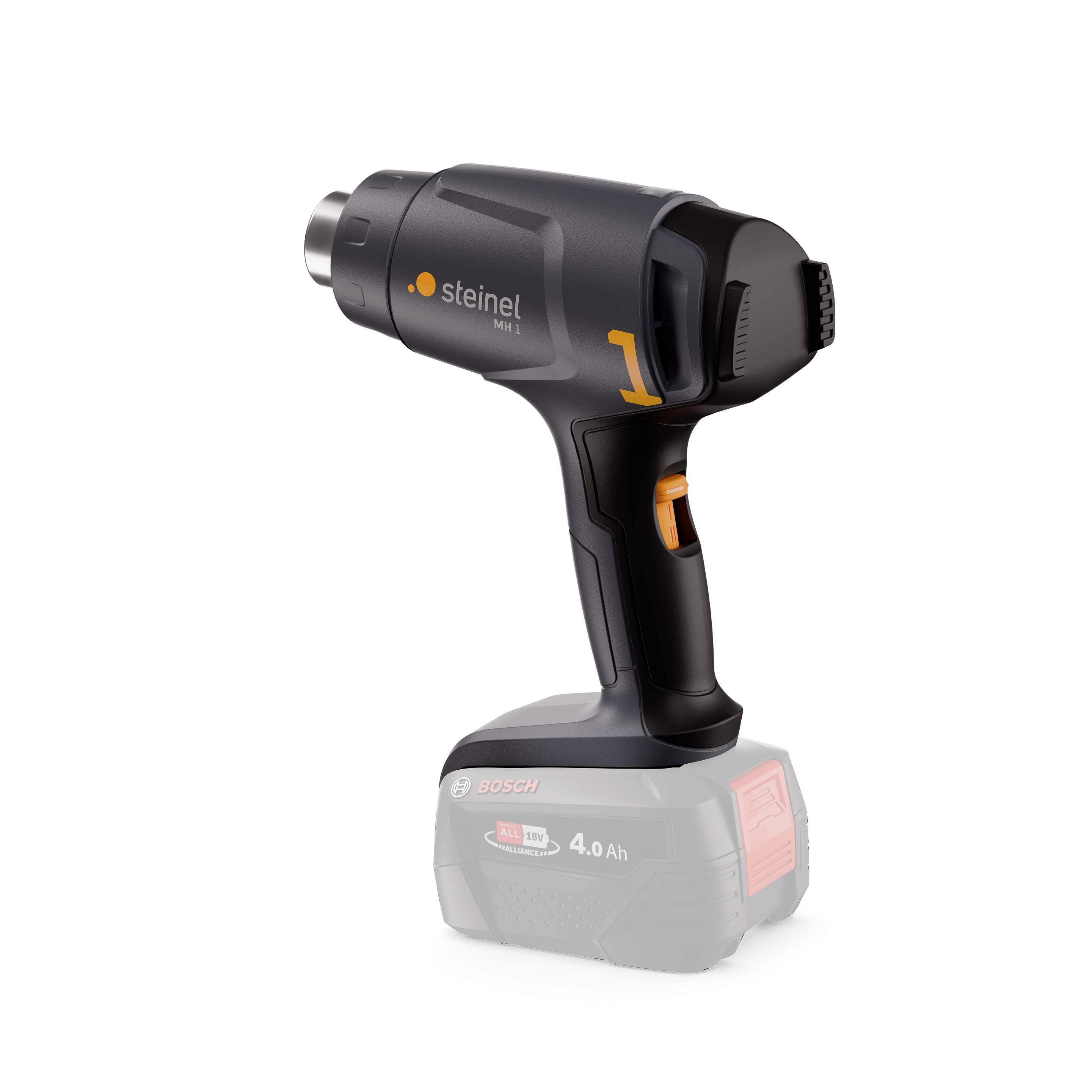 Ein Akku-Heißluftgebläse von Steinel, Modell Neo1, schwarz mit orangenen Akzenten, montiert auf einer Bosch 4.0 Ah Batterie.