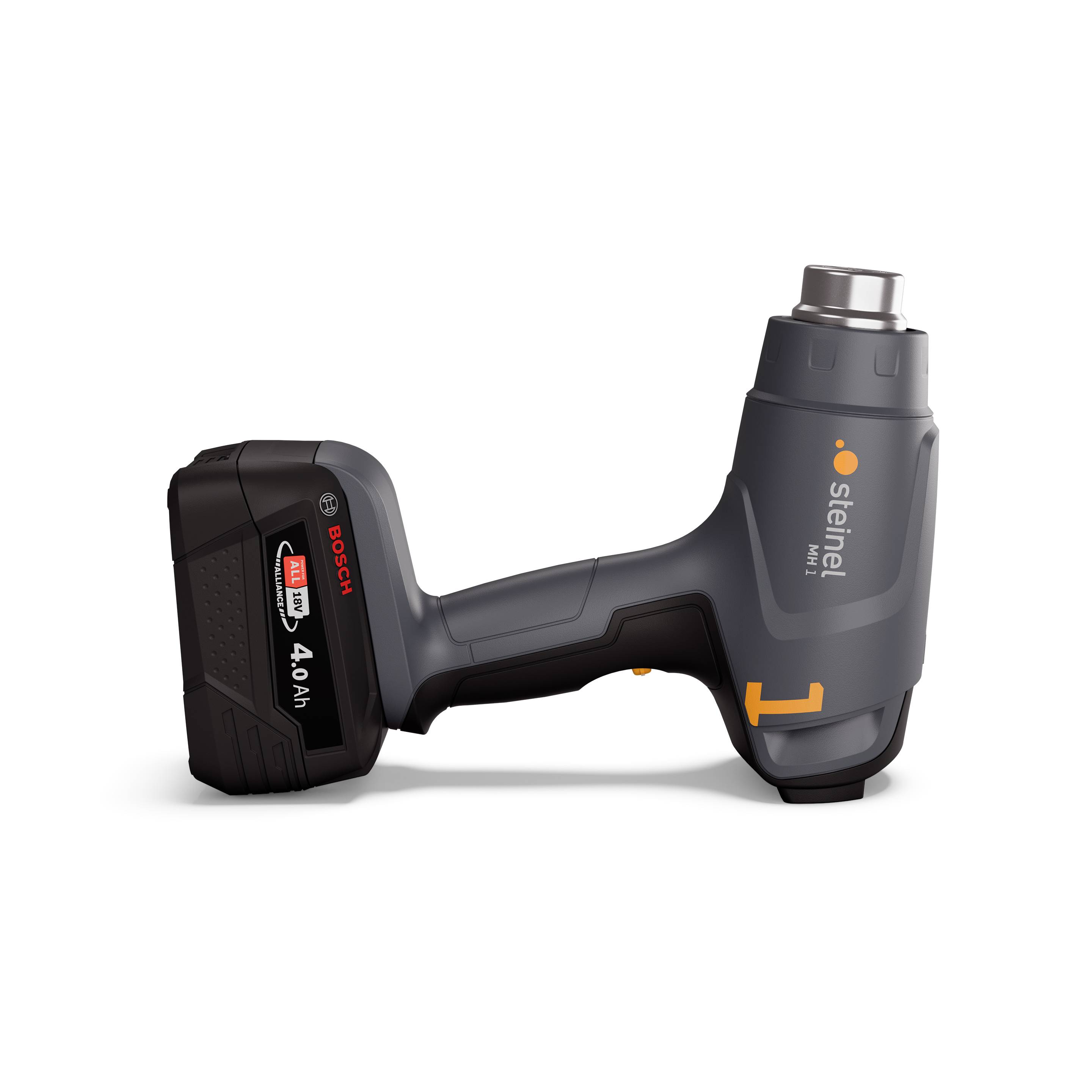 Ein schwarzer, kabelloser Heißluftföhn mit einem Bosch 4,0 Ah Akku, geeignet für verschiedene Heimwerker- und Reparaturarbeiten.