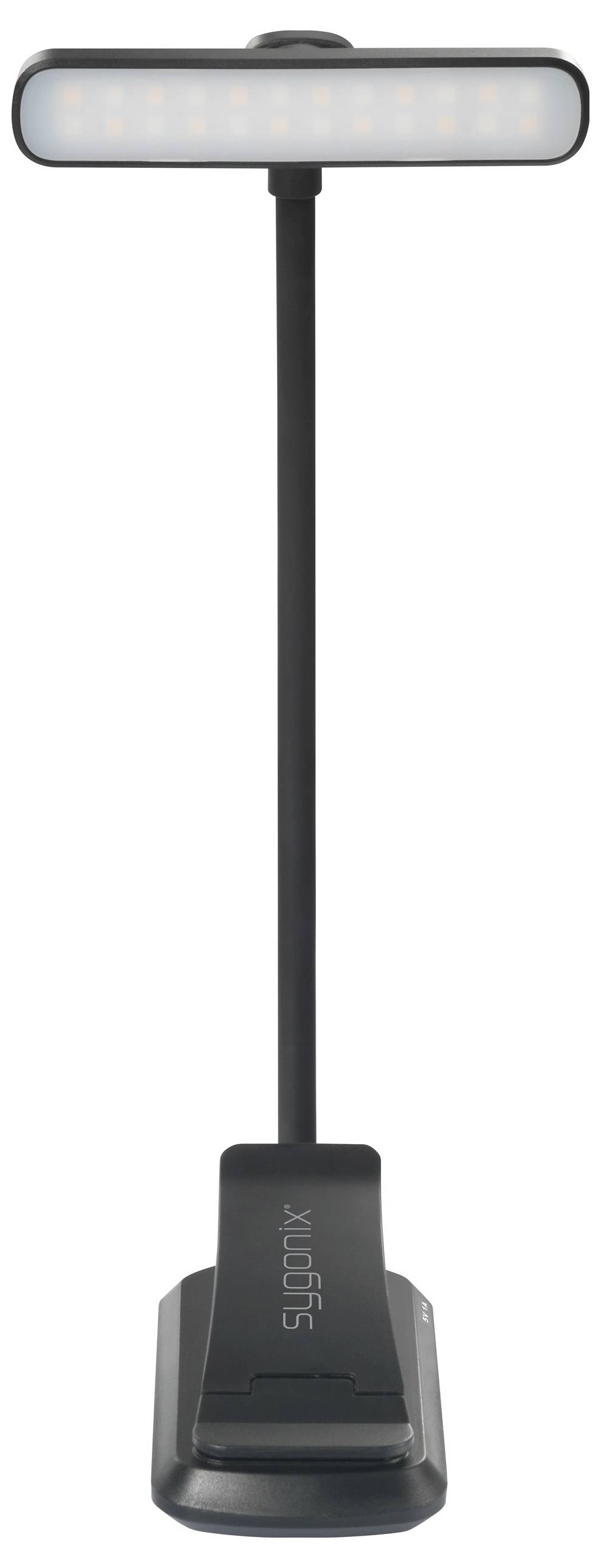 Eine schwarze LED-Klemmleuchte mit flexiblem Arm und rechteckigem Lampenkopf, geeignet zum Lesen oder Arbeiten.