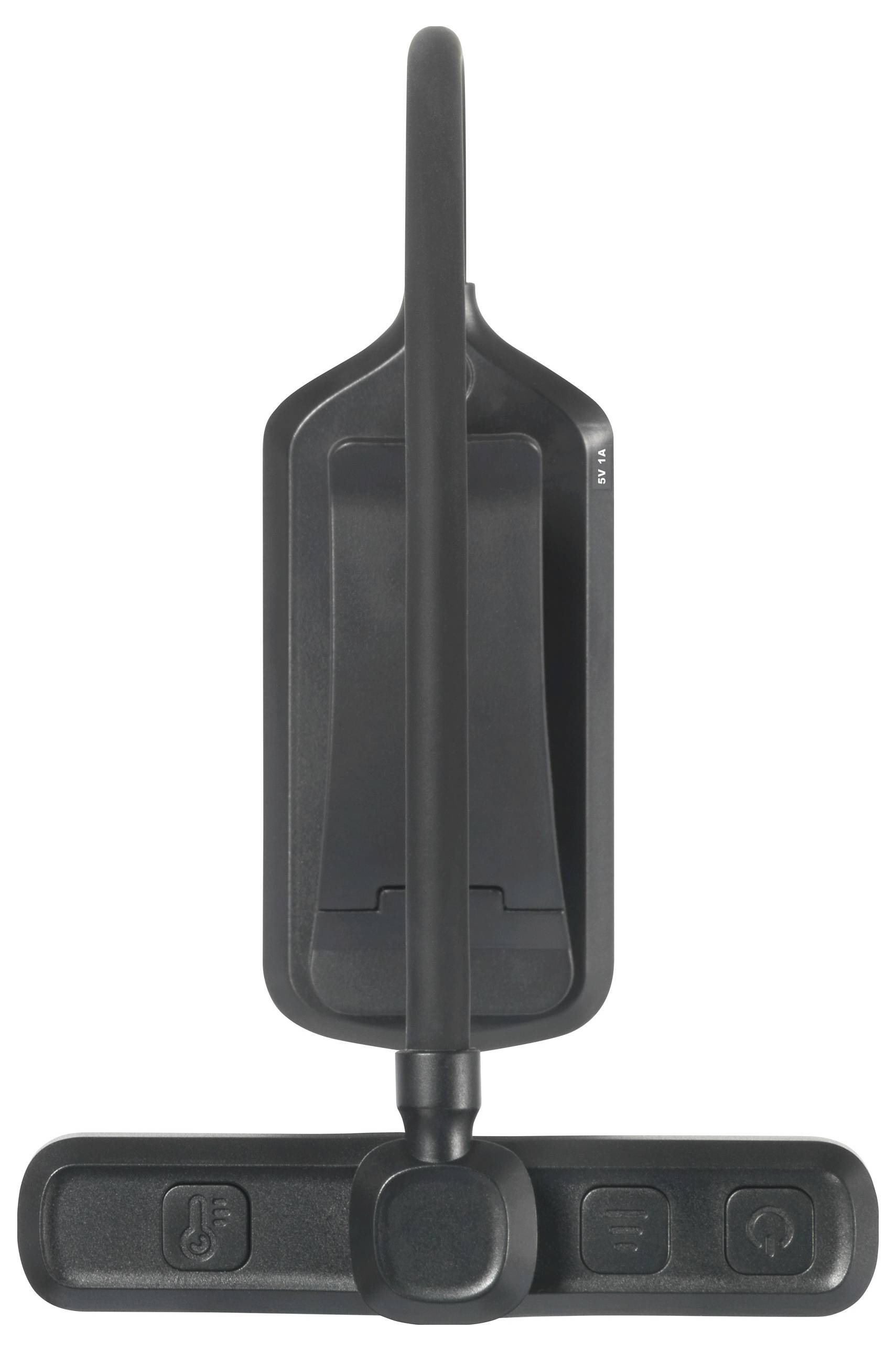 Schwarzer Fenstergriff mit länglichem Design und drei beschrifteten Tasten am Sockel.