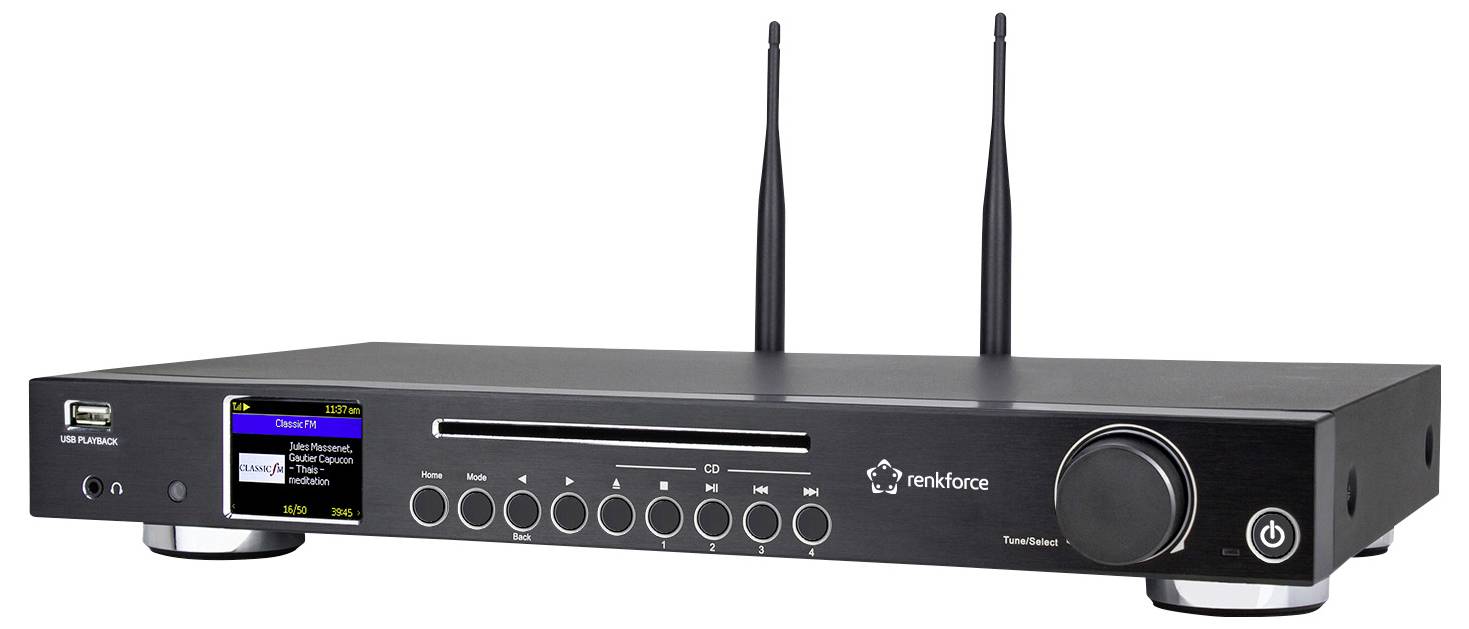 Ein eleganter, moderner schwarzer Stereo-Receiver mit zwei Antennen, mehreren Bedientasten und einem digitalen Display, das Audio-Track-Informationen anzeigt.