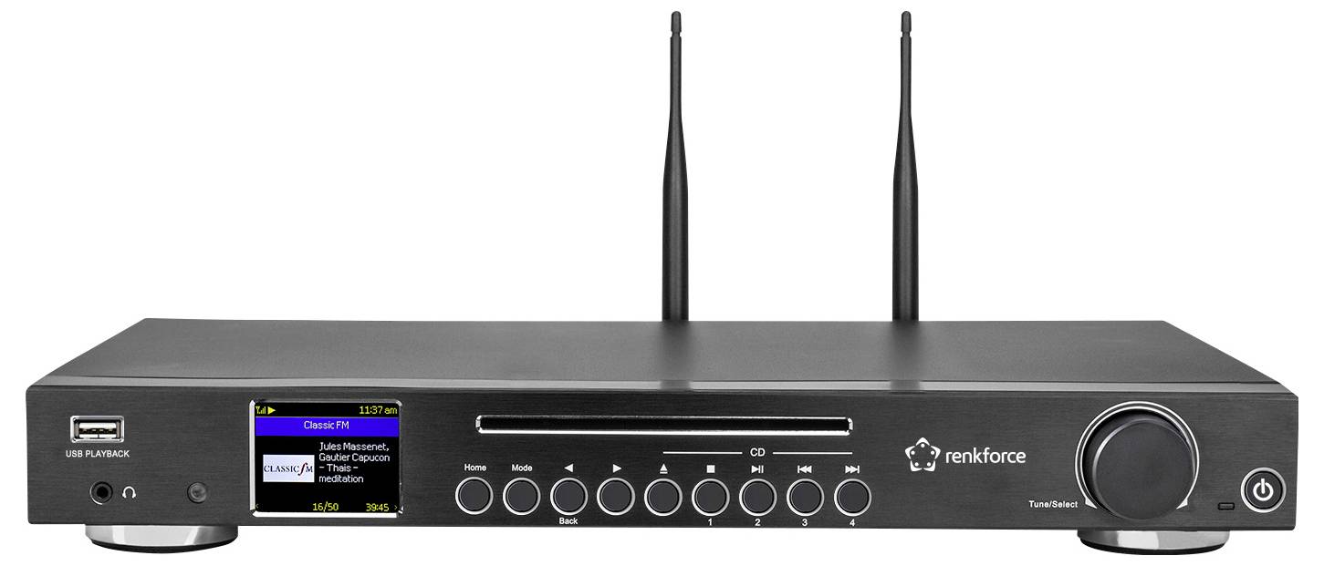 Ein Renkforce Audio-Empfänger mit Doppelantenne, Front-Display mit Radiosender-Anzeige, Lautstärkeregler, Bedientasten, USB-Anschluss und CD-Schacht.