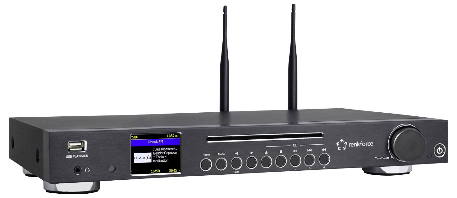 Ein schwarzer Netzwerk-Audioplayer mit LCD-Display, zwei Antennen, Navigationstasten, einem USB-Anschluss und Renkforce-Branding auf der Frontblende.