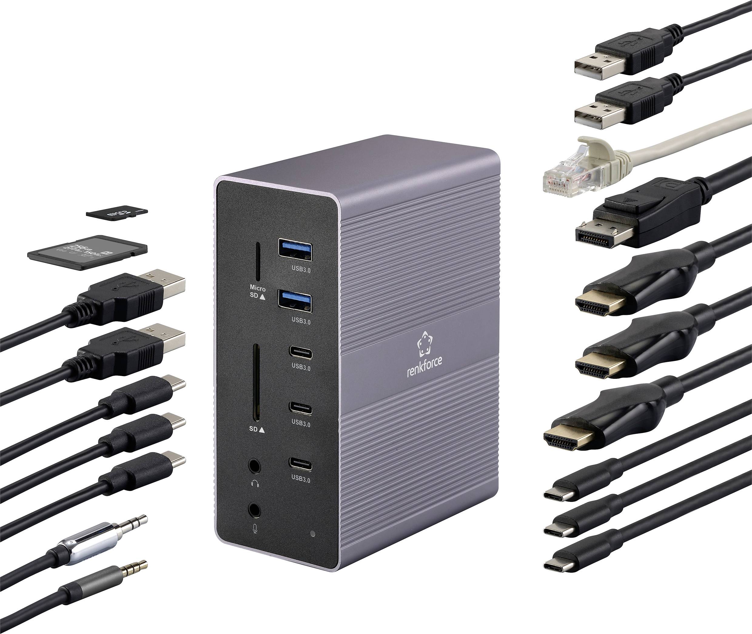 Grau-schwarze Dockingstation mit verschiedenen Anschlussmöglichkeiten: USB, HDMI, Ethernet und Kartenleser. Kabel abgebildet.
