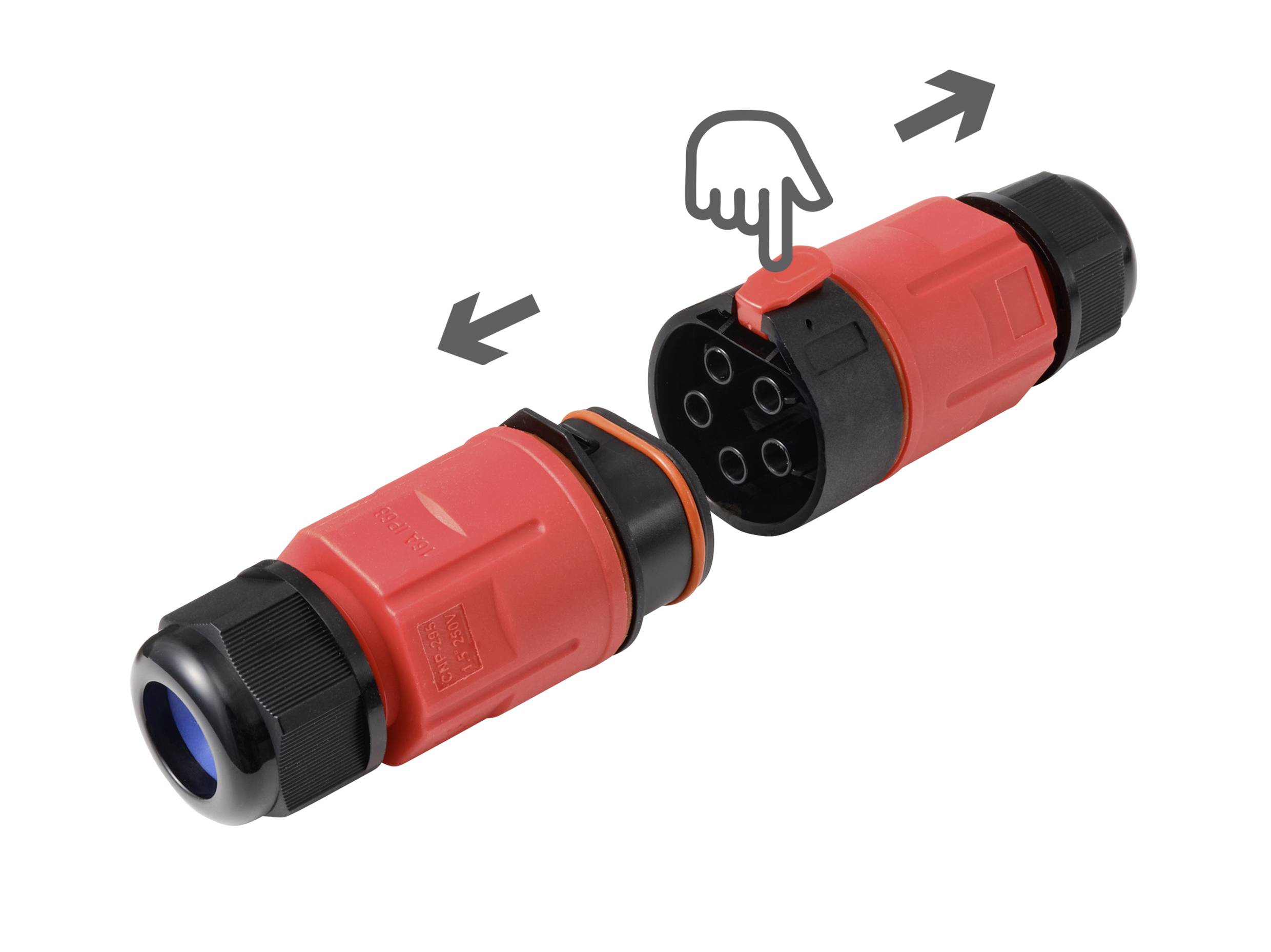 Zwei rote Steckverbinder mit Pfeilen und einer Hand, die eine Verriegelung anzeigt. Rechter Stecker zeigt sechs Kontaktöffnungen.
