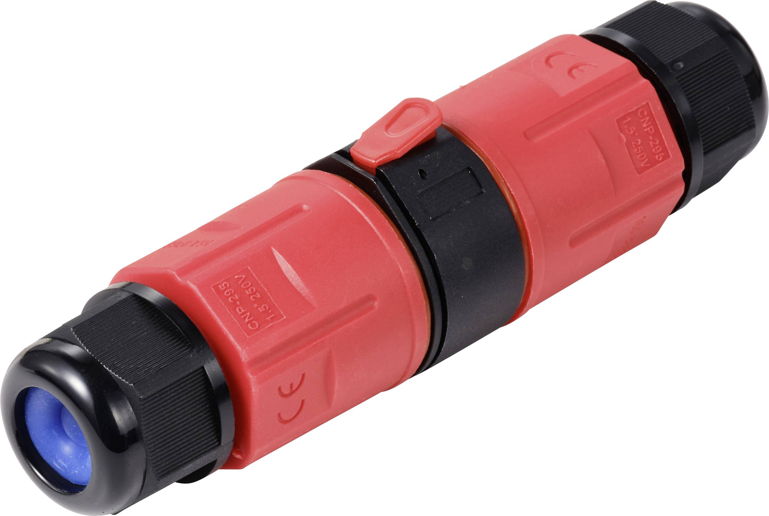 Ein roter, zylindrischer Steckverbinder mit schwarzem Ende und blauen Einsatz. Geeignet für die Verbindung elektrischer Kabel.