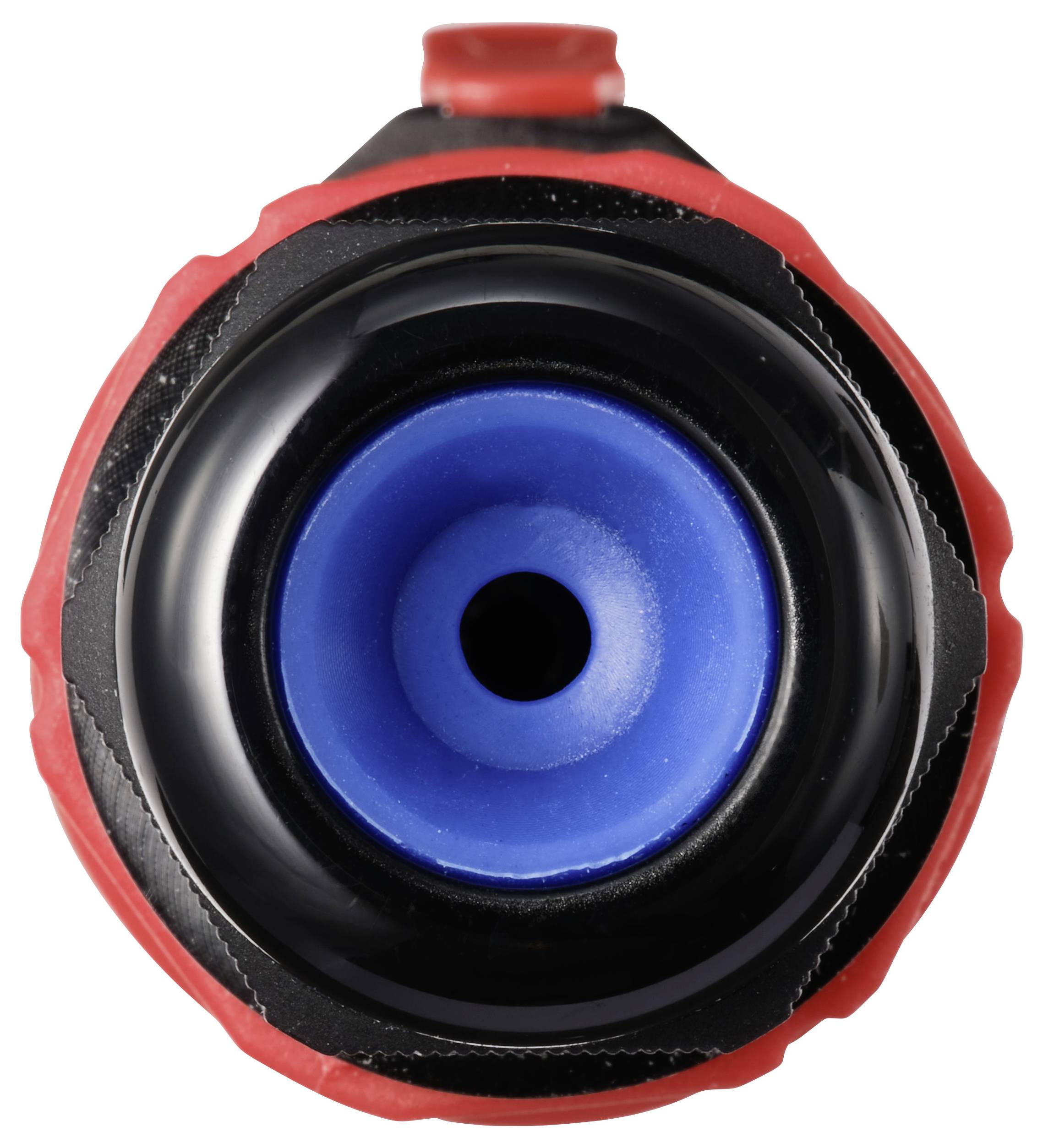 Ein roter Flaschendeckel von oben betrachtet, zeigt ein schwarzes Äußeres mit einem blauen Einsatz.