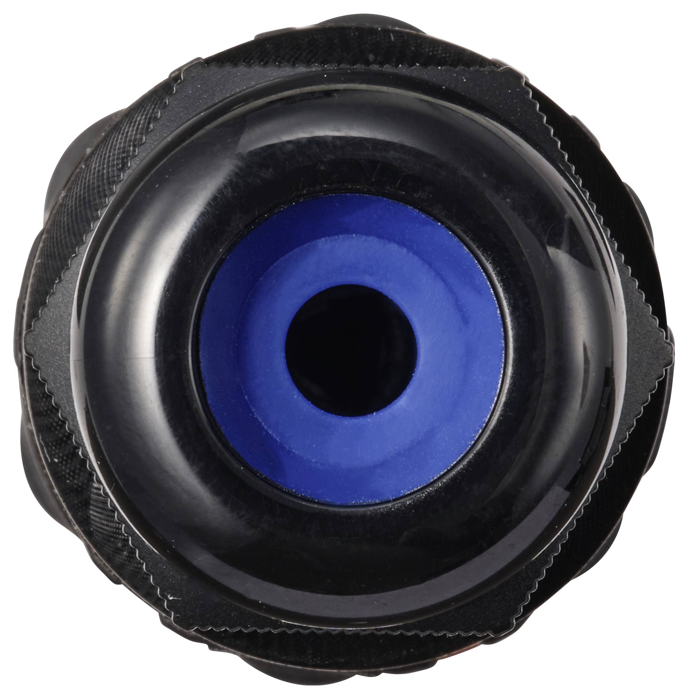 Obenansicht eines runden Flaschenverschlusses mit einem blauen Einsatz in der Mitte, umgeben von einem schwarzen Rand.