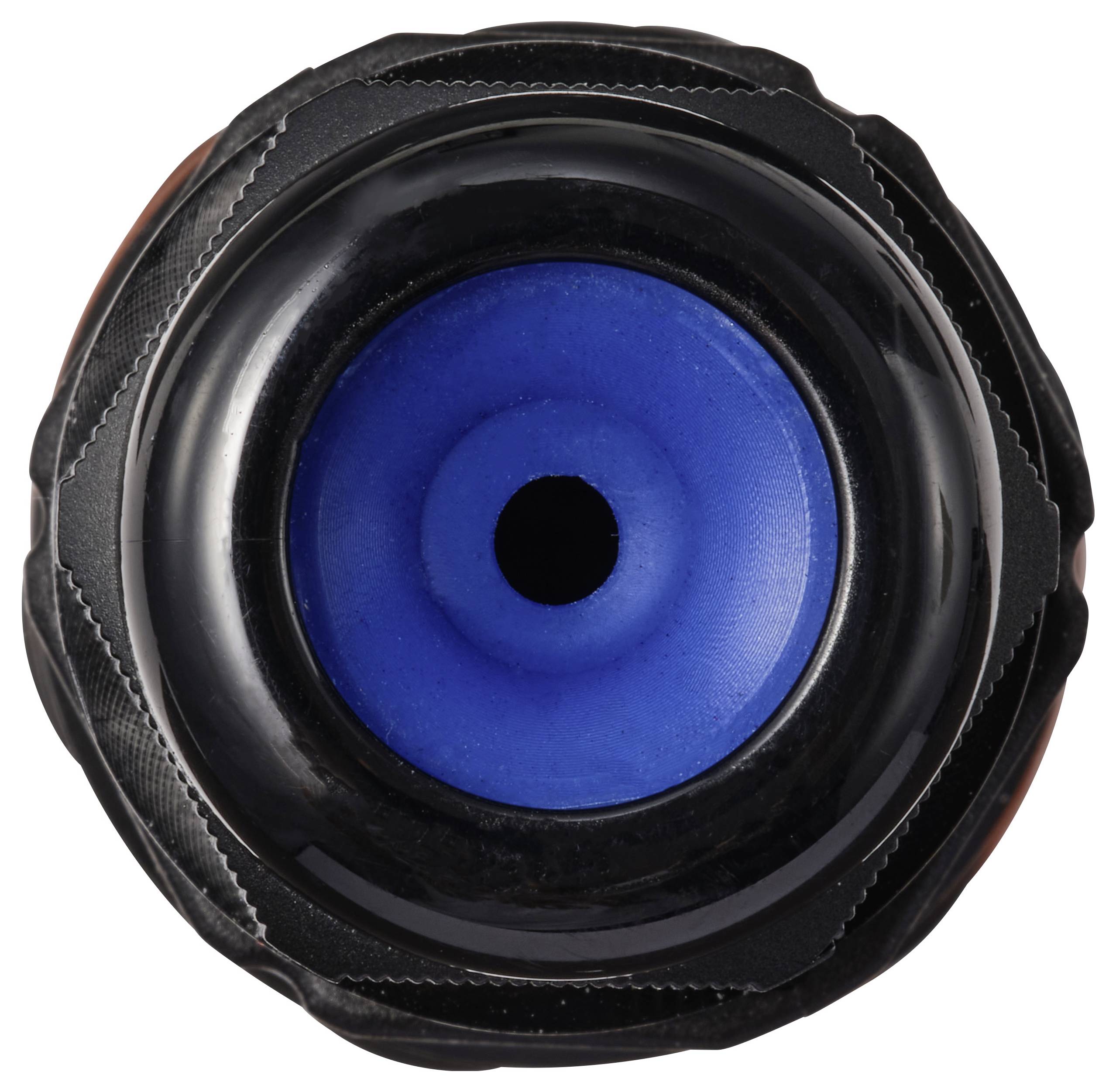 Ein schwarzer Kunststoff-Deckel mit blauer Dichtung in der Mitte, kreisförmig und strukturiert, möglicherweise Teil eines Behälters.