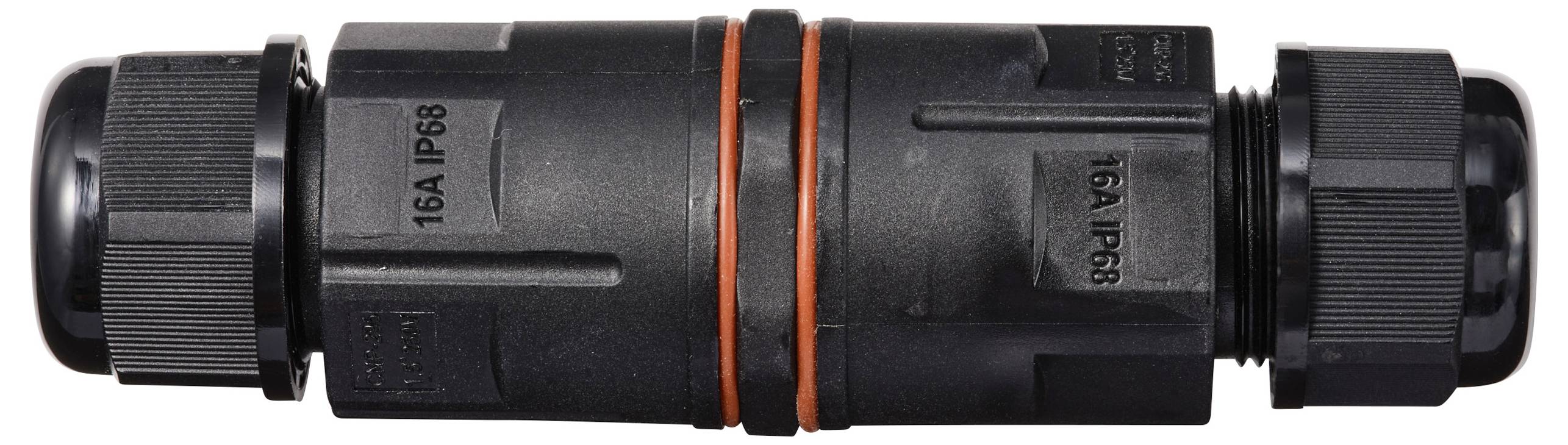 Ein schwarzer, wasserdichter Kabelverbinder mit der Aufschrift '16A IP68'. Er ist zylindrisch und hat rote Dichtungsringe.