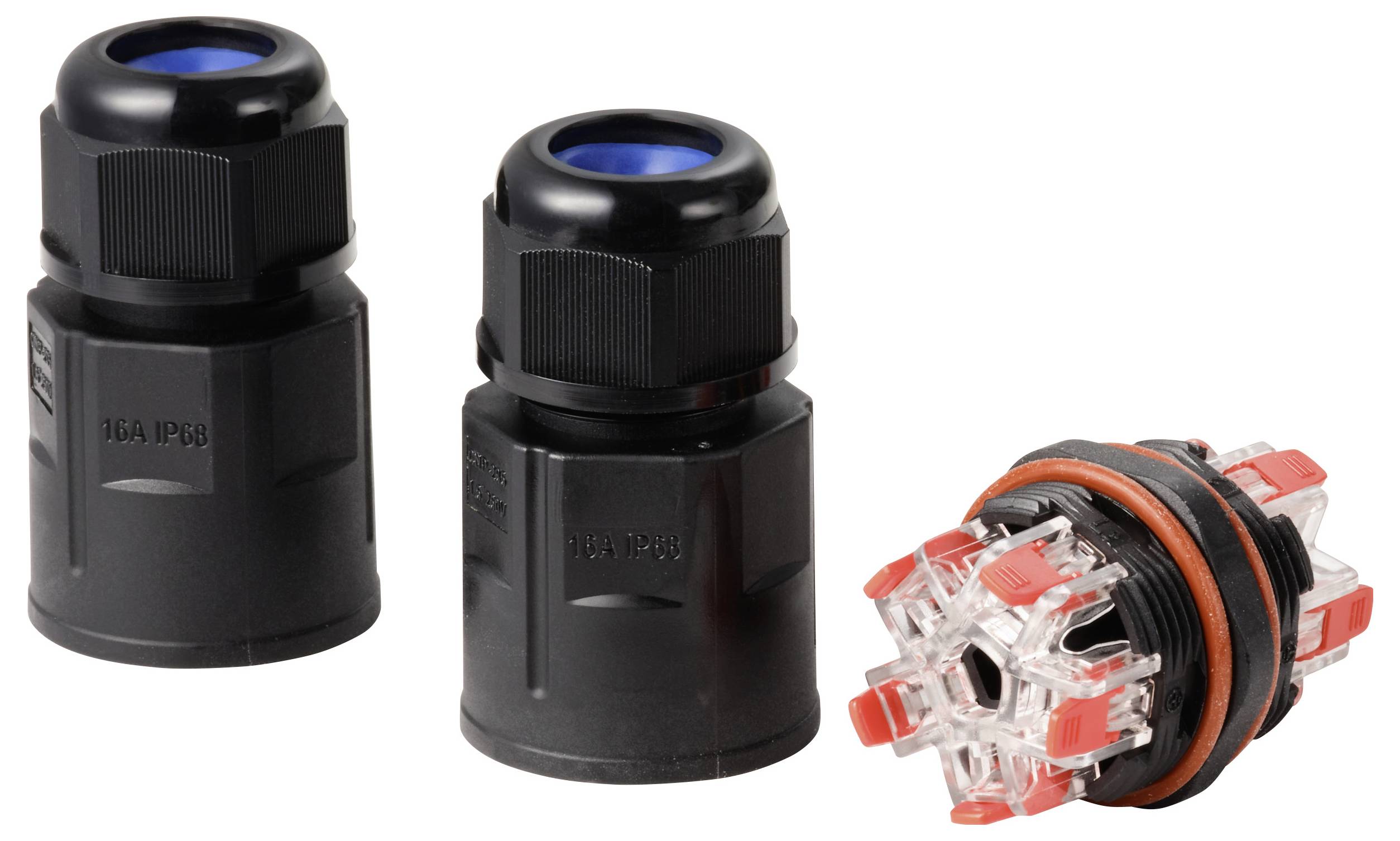 Zwei schwarze Kabelverbinder und ein Kabelendstück auf weißem Hintergrund. Diese Teile dienen der sicheren elektrischen Verbindung.