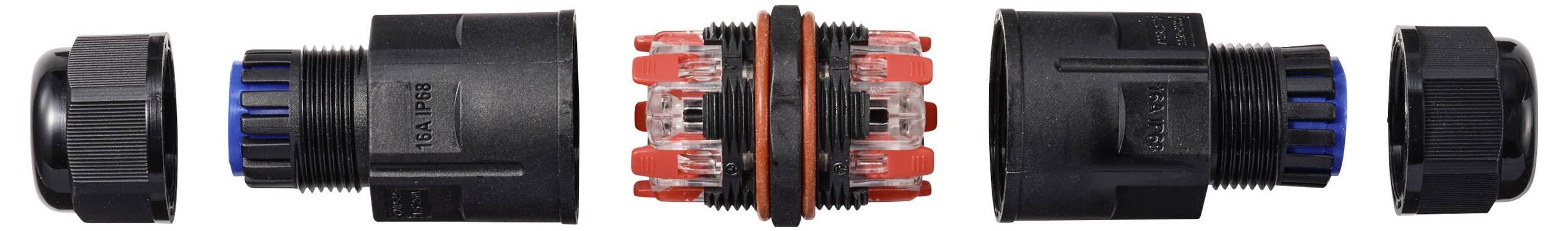 Ein auseinandergebauter elektrischer Steckverbinder mit mehreren Einzelteilen, darunter zwei äußere Kappen, ein Dichtungselement und eine zentrale Verbindungseinheit.