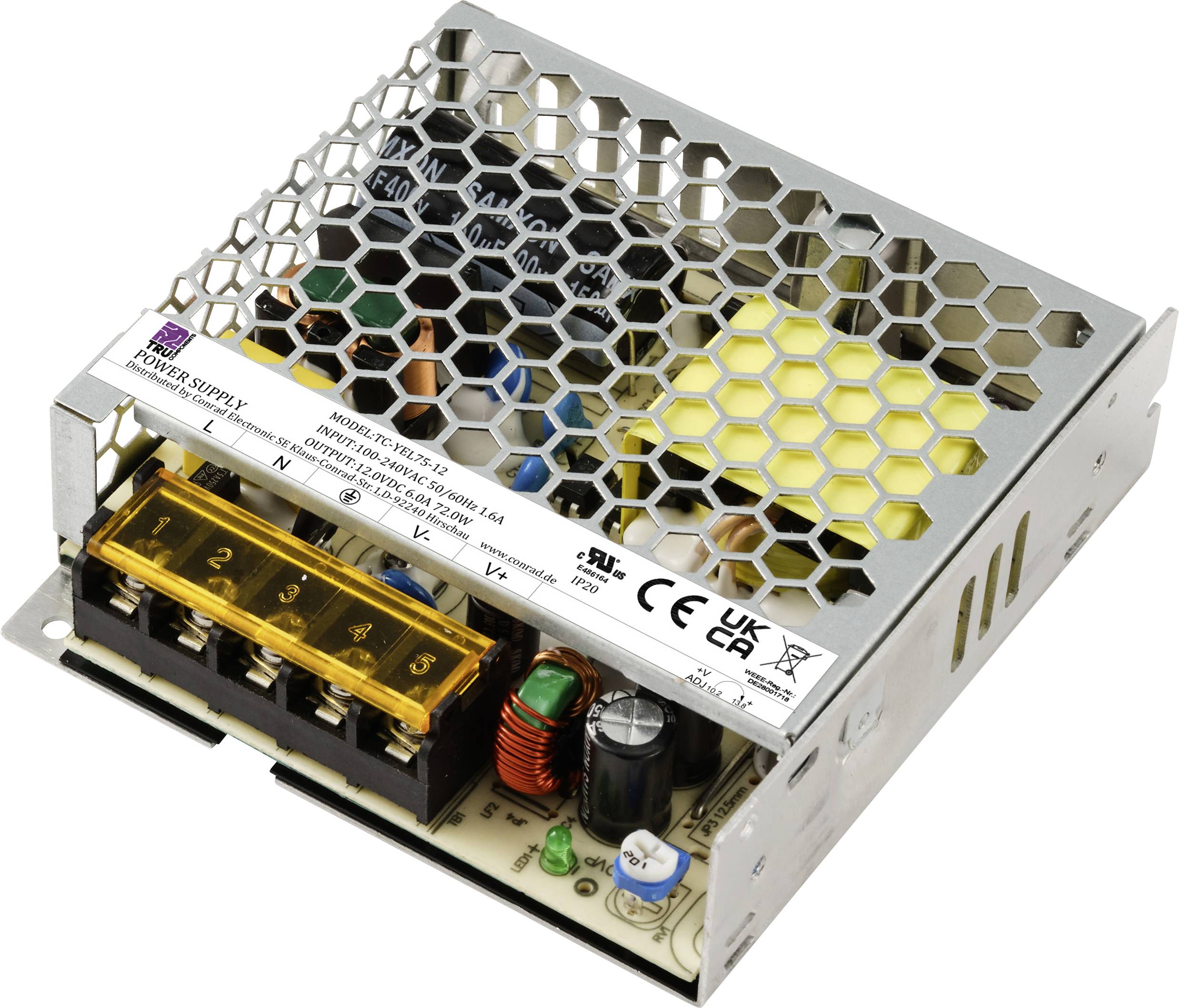 Metallkäfig-Netzteil, zeigt interne elektronische Bauteile. Geeignet für industrielle Anwendungen mit Sicherheits- und Konformitätskennzeichnungen.