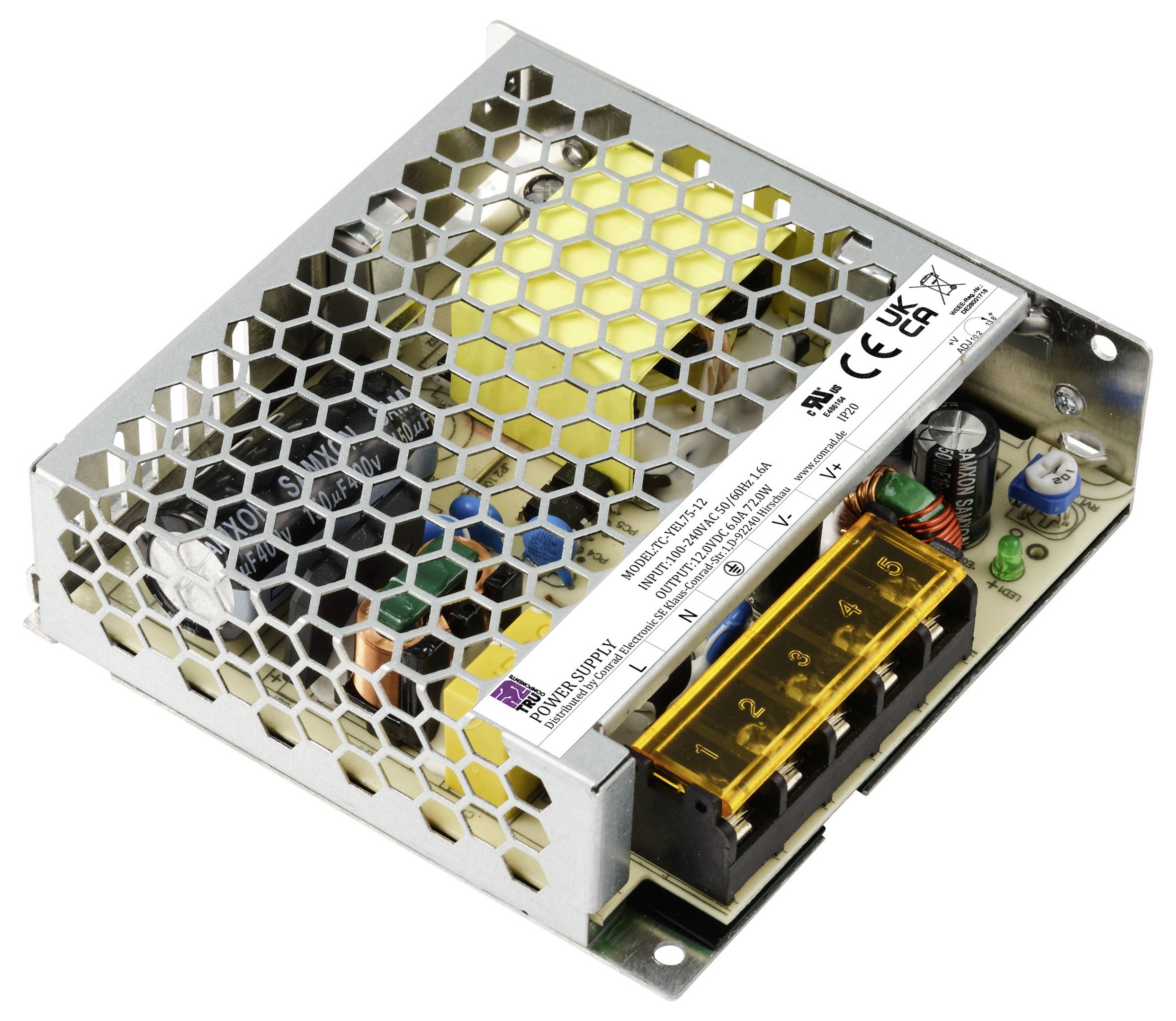Kompaktes Metall-Netzteil mit Lüftungsgitter, zeigt interne elektronische Komponenten. Zertifikate und Spannungshinweise sind sichtbar.