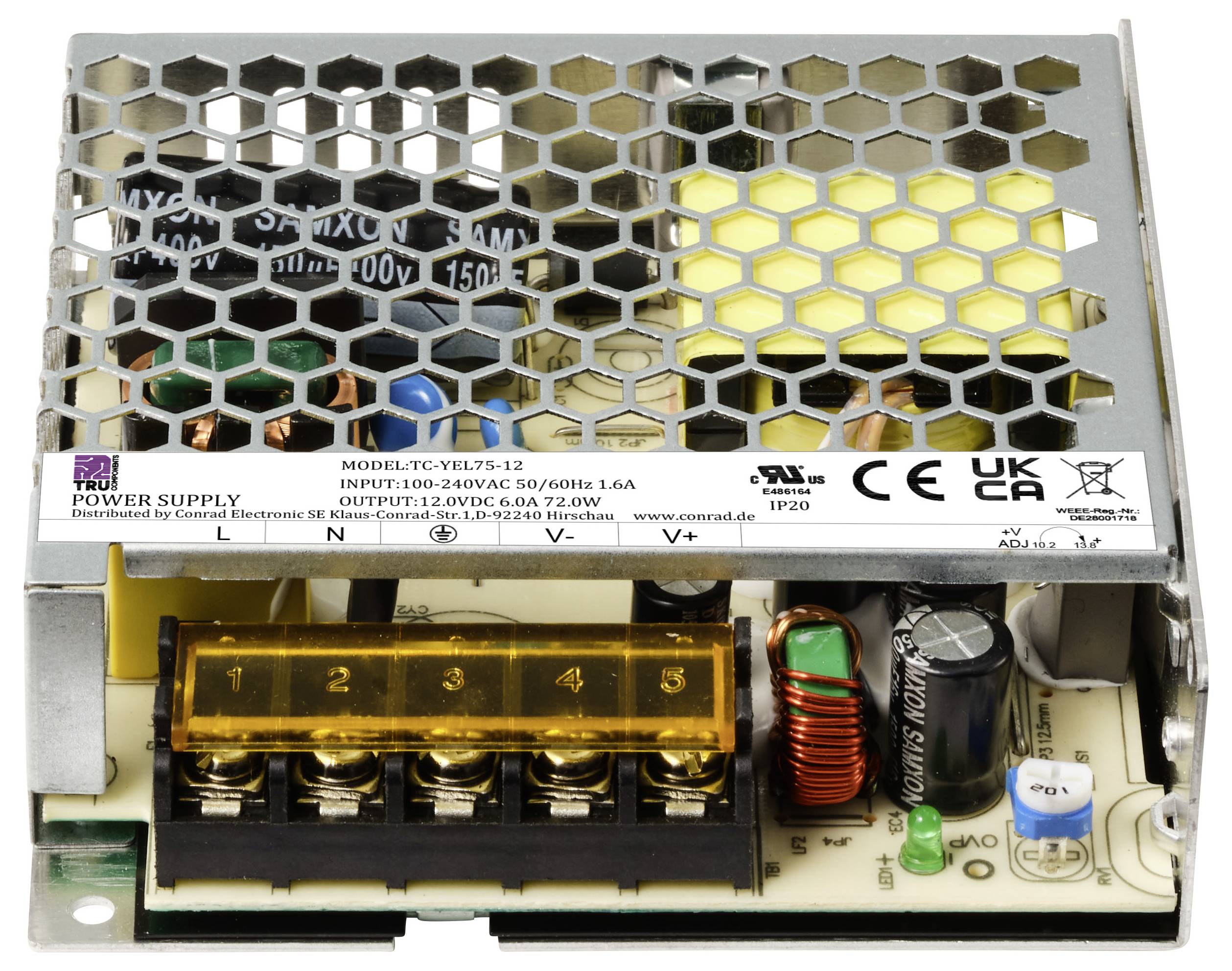Netzteil, Modell TC-YEL75-12, mit Gittergehäuse und offenen Anschlüssen; Eingang 100-240V, Ausgang 12V/6,0A.