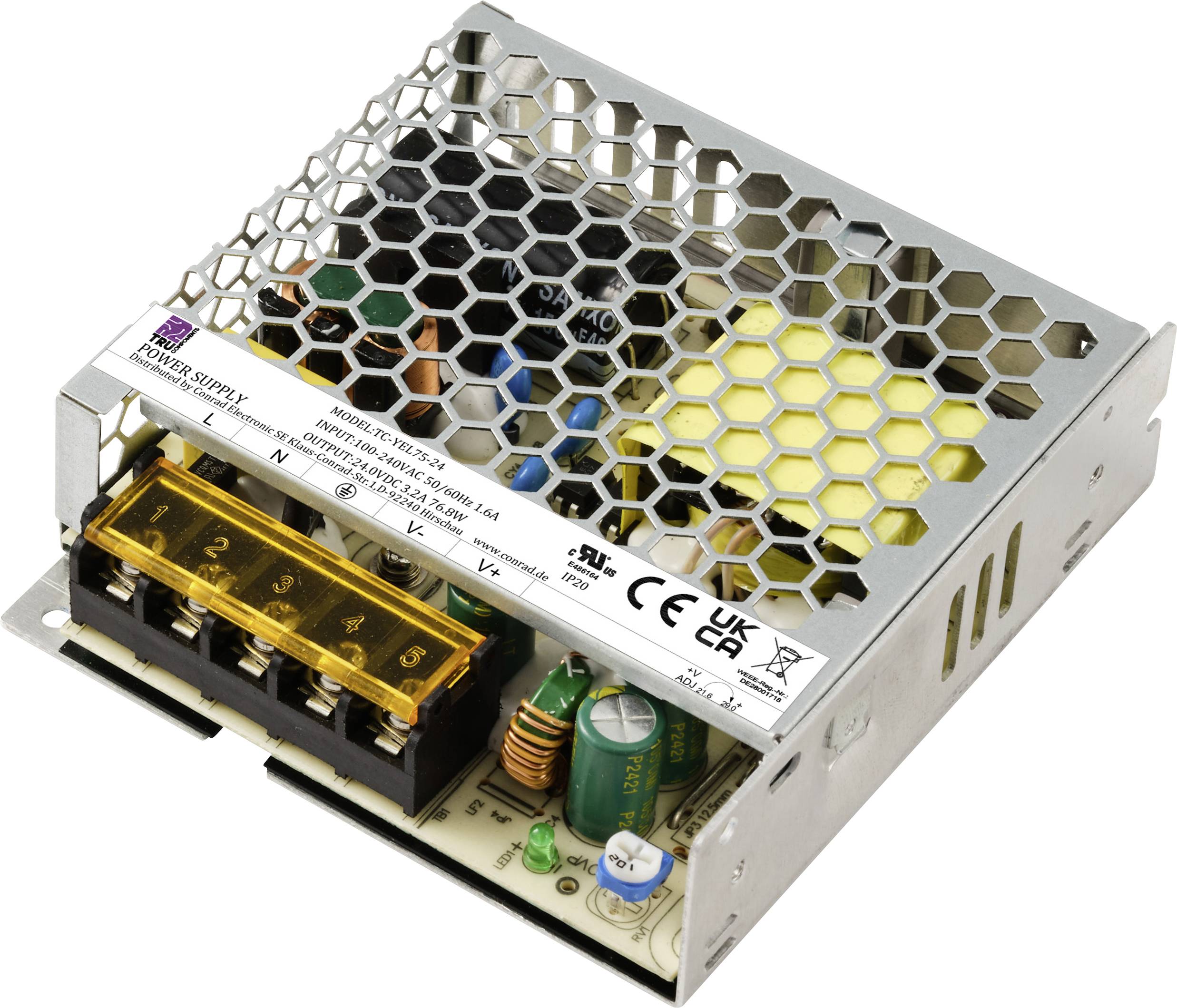 Offenes Netzteil mit elektronischen Komponenten und Anschlussklemmen, geeignet für industrielle Anwendungen.