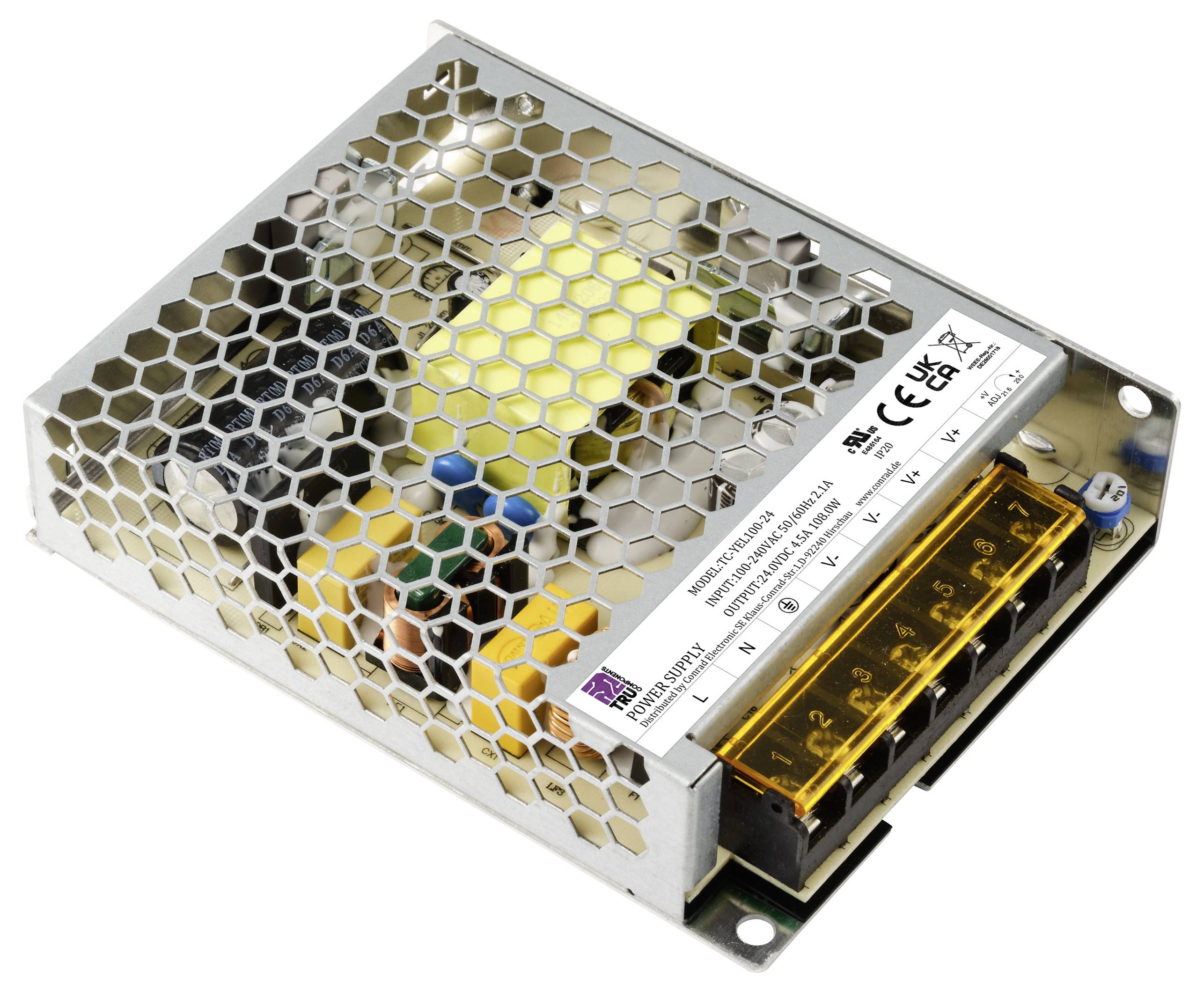 Ein Metallgehäuse-Netzteil mit Lüftungsgittern. Es zeigt Spezifikationen und Sicherheitssymbole, geeignet für elektronische Geräte.