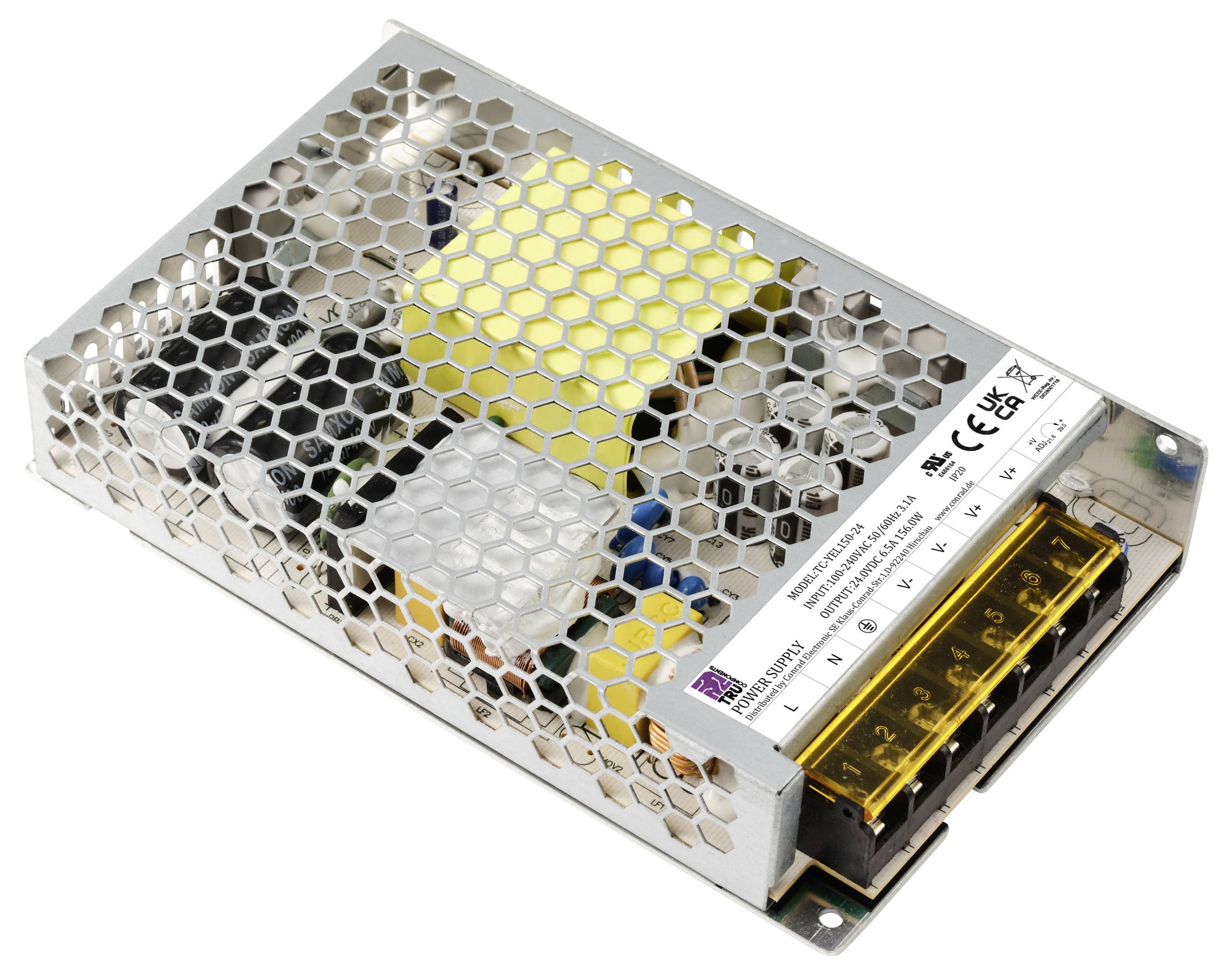 Metallisches Netzteil in einem Schutzgittergehäuse, CE- und RoHS-Kennzeichnung sichtbar, geeignet für industrielle Anwendungen.